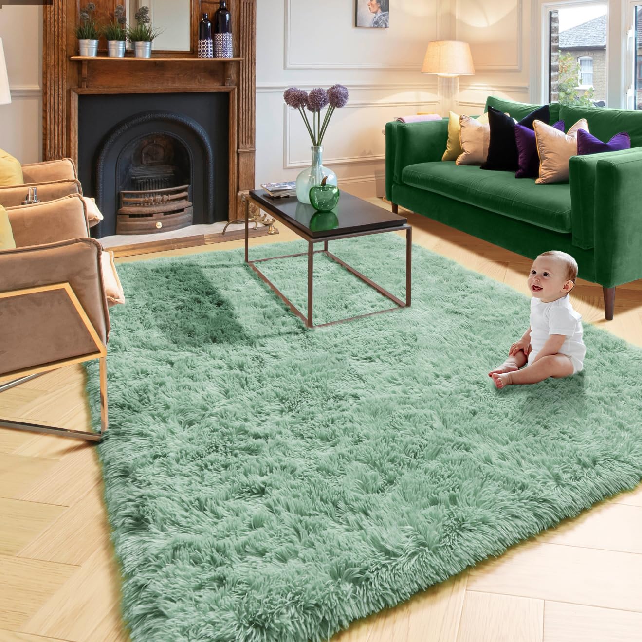 Sage Green Fluffy Living Room Rugs, Furry Area Rug 5x8 for Bedroom, Shag Rug for Kids Room, Living Room Decor, Fuzzy Carpet for 