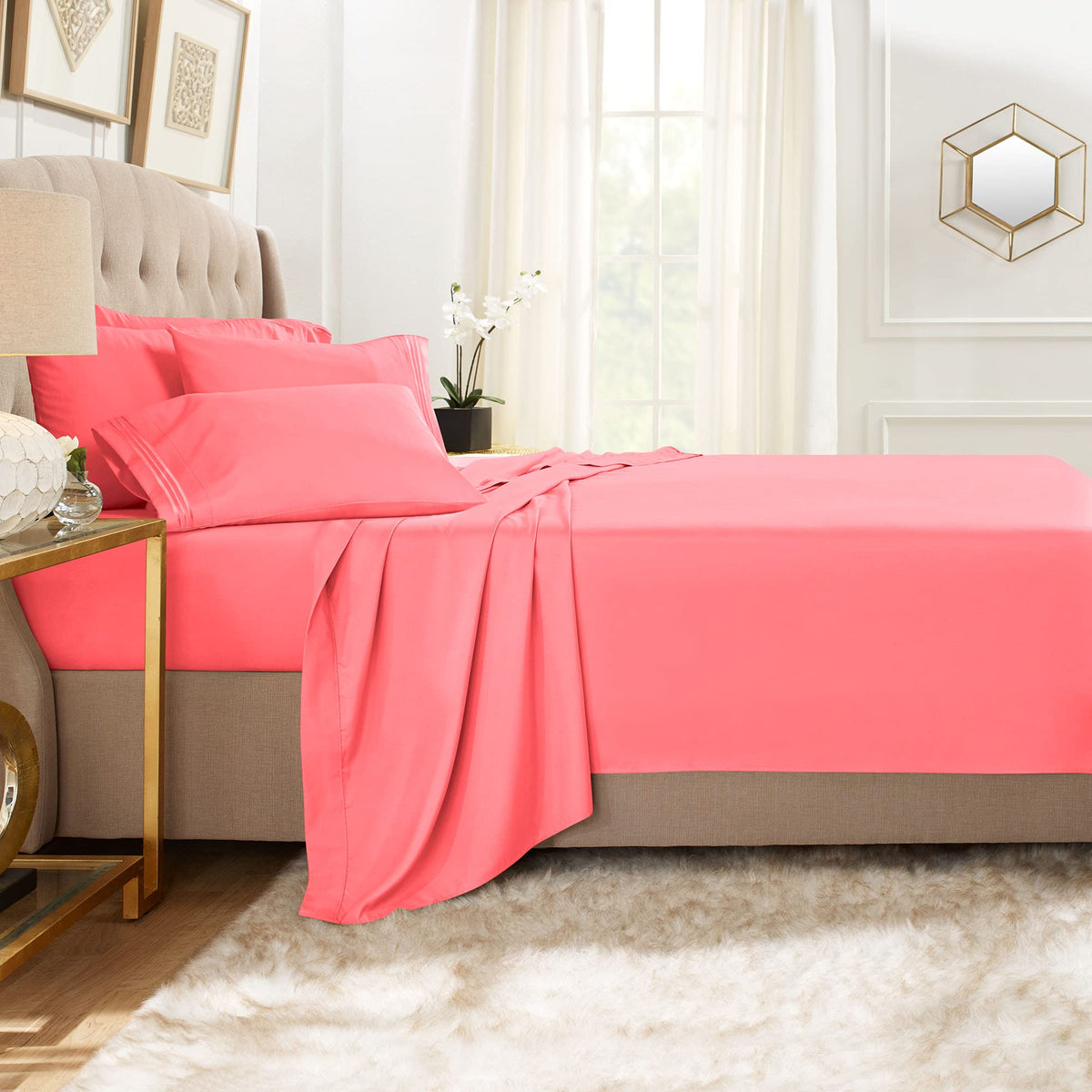 Clara Clark Twin Xl Sheets, 5 Piece Set - Hotel Luxury Sheets For Twin Xl Size Bed, Super Soft Bedding Sheets & Pillowcases, Twin Xl Size Sheets, Coral Pink