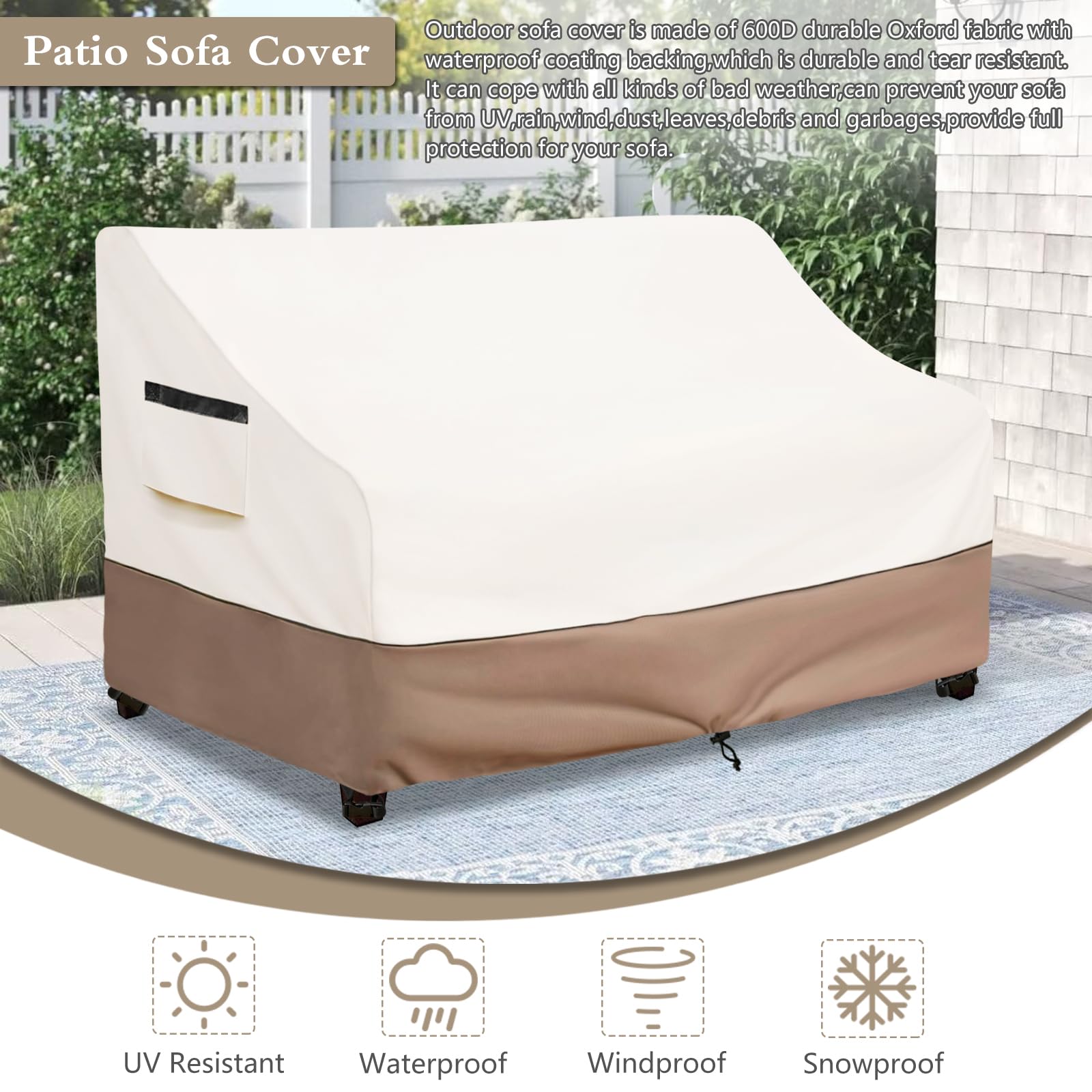 Solotoo Patio Furniture Covers Waterproof 3-Seater Sofa Cover,85 Inshes Outdoor Couch Cover,Patio Loveseat Cover (Beige)