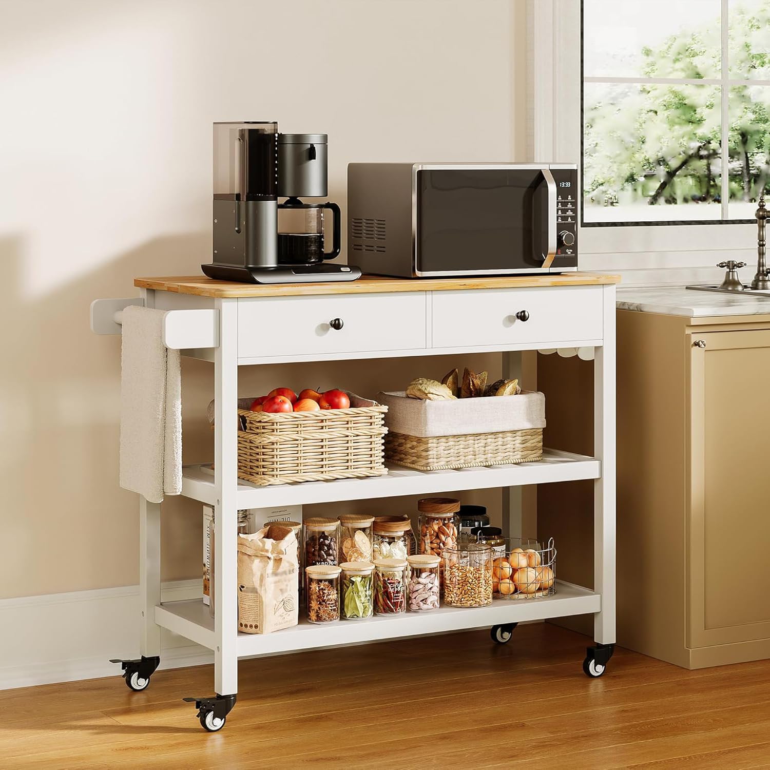 Gizoon Kitchen Island Cart on Wheels with 40 Wood Tabletop, 2 Open Tiers Spacious Storage Shelves and Towel Rack, Rolling Util