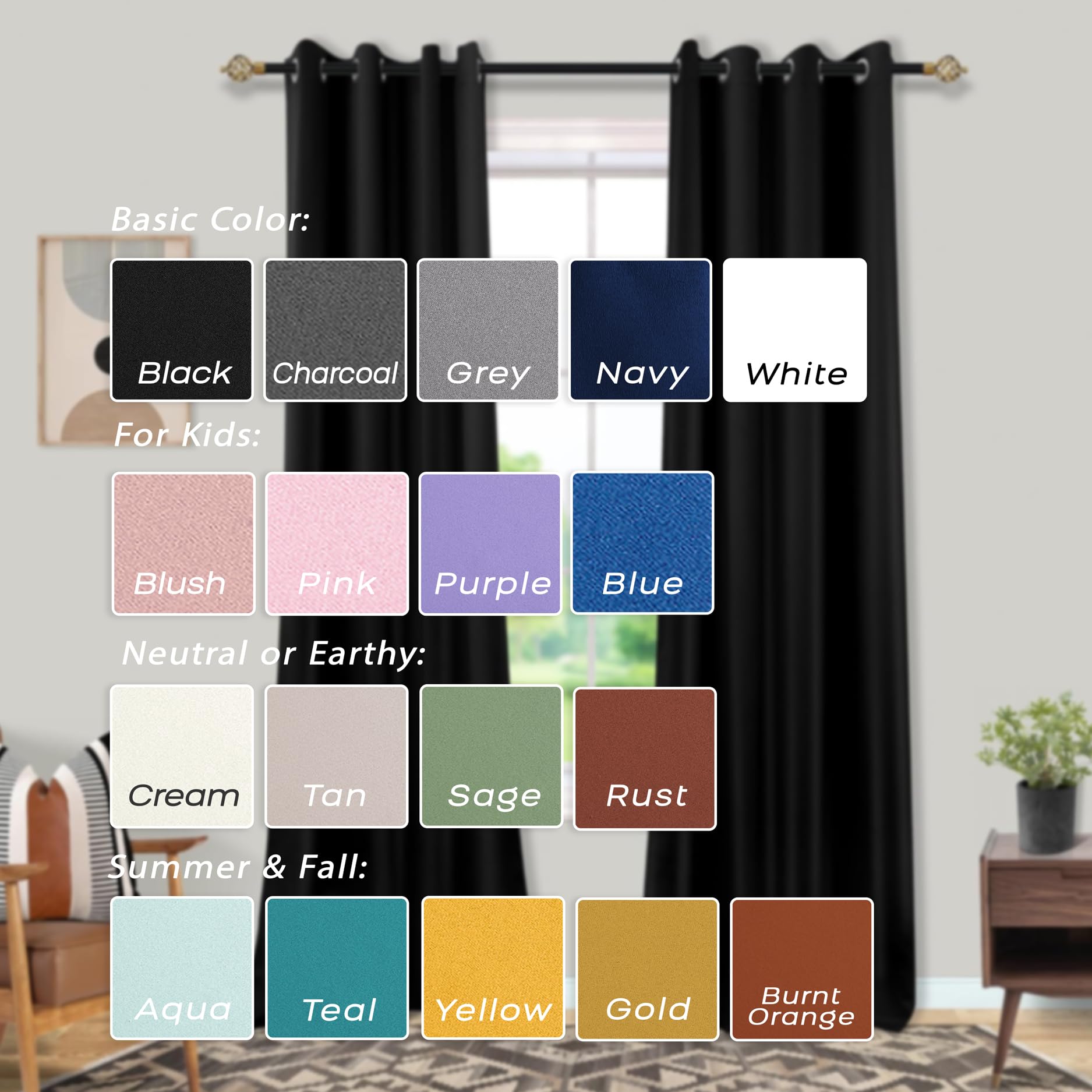 Mrs.Naturall Black Curtains 42X54 Inch Length For Living Room 2 Panels Blackout Room Darkening Curtain For Bedroom
