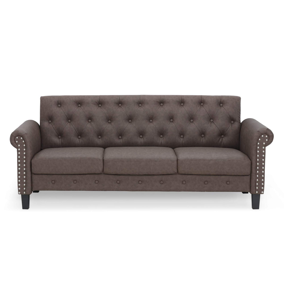 Furinno Bastia Vintage Modern Chesterfield Button Tufted 3-Seater Sofa Couch For Living Room, Brown Faux Leather