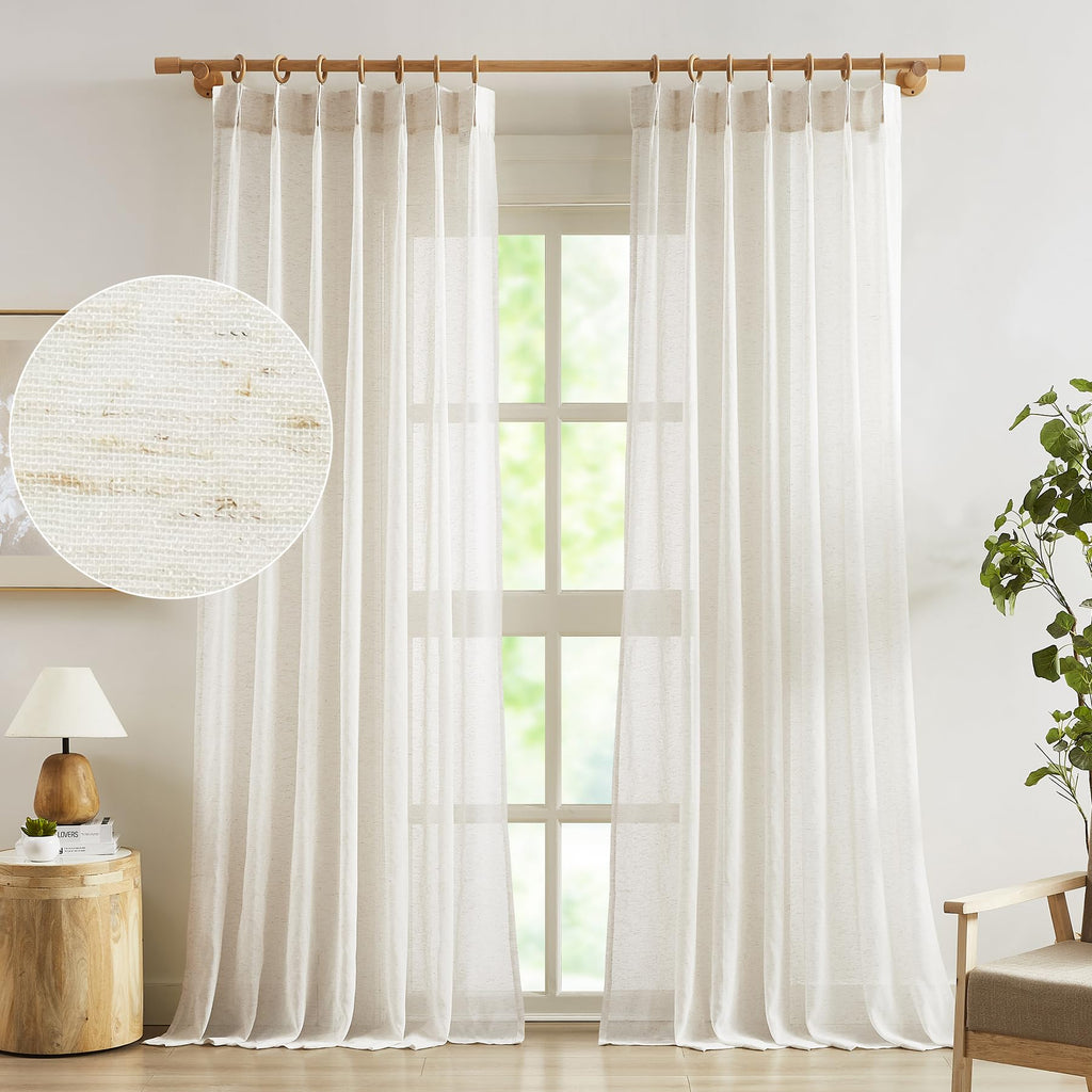 Fmfunctex Linen Sheer Pinch Pleated Curtains For Bedroom, Linen Flax Beige 63 Inch Length Sheer Curtain Panels For Living Room,