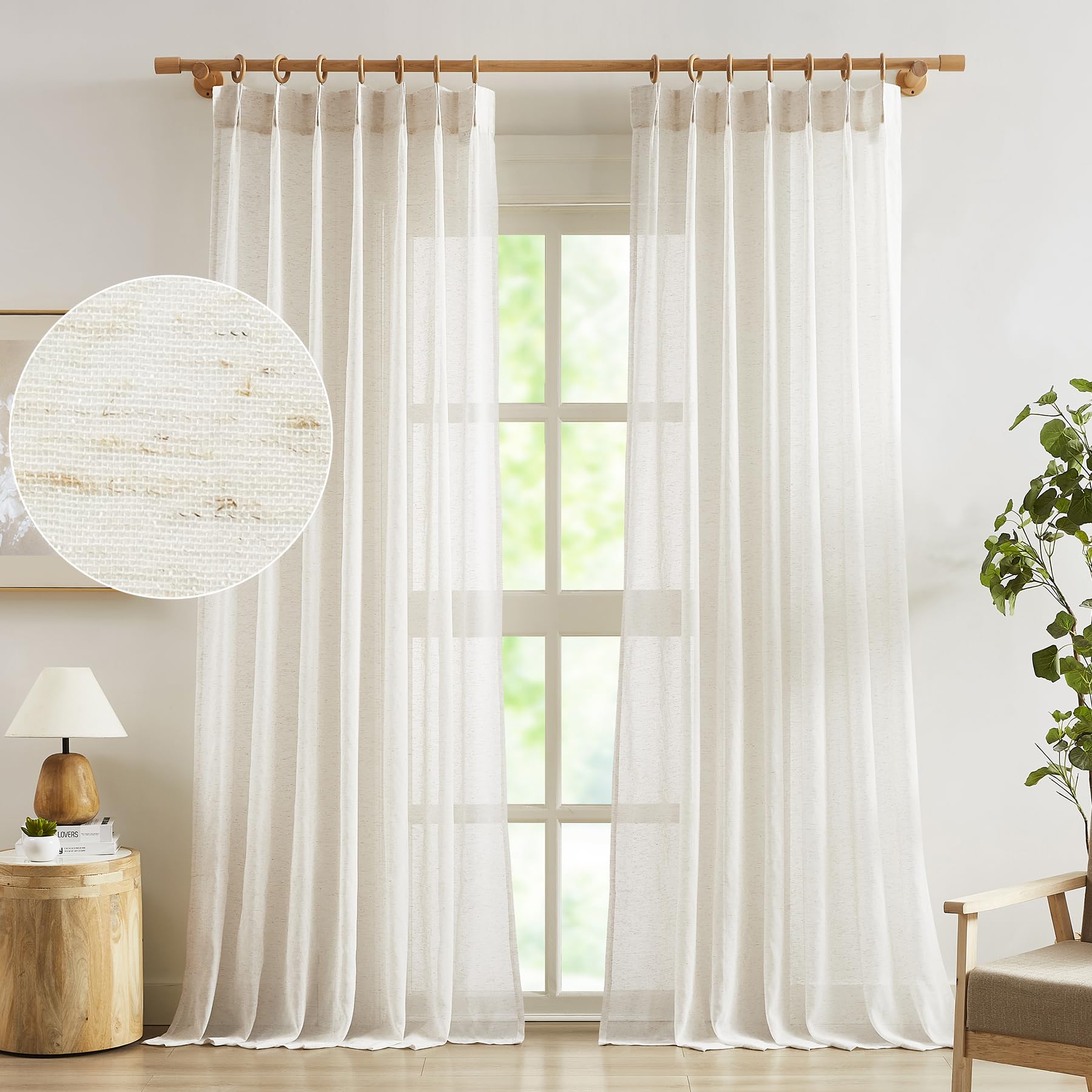 Fmfunctex Linen Sheer Pinch Pleated Curtains For Bedroom, Linen Flax Beige 63 Inch Length Sheer Curtain Panels For Living Room,