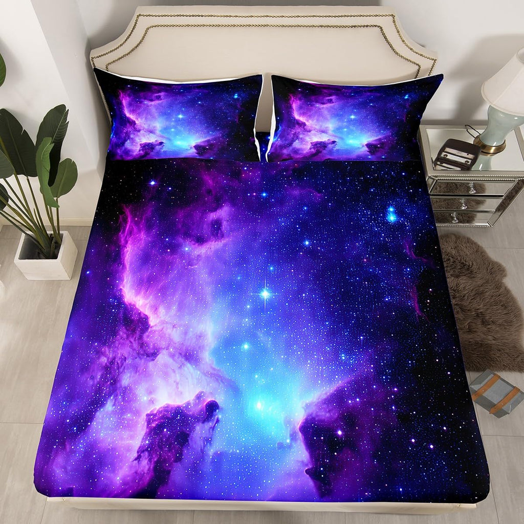 Galaxy Bedding Set Kids Girls Full Bed Sheets Outer Space Universe Starry Sky Sheet Set Teens Women Ultra Soft Purple Stars Decor Deep Pocket Fitted Sheet+ Flat Sheet + Pillow Case