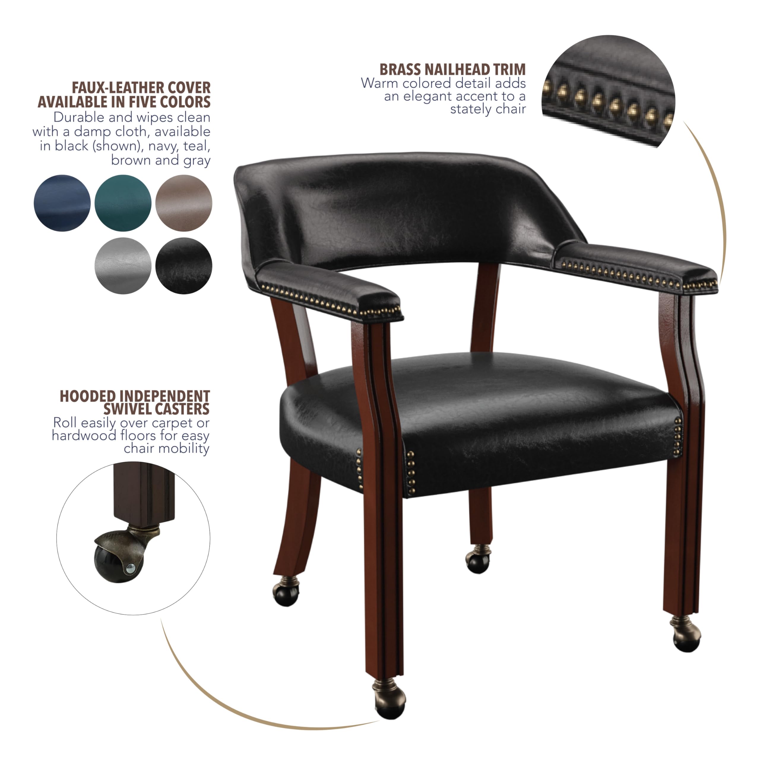 Steve Silver Co Tournament Arm w/Casters Dining Chair, Upholstered w/Nailhead Trim, for Living Room, Dining Room, Vegan Leather, 25" W x 25" D x 31" H, Black