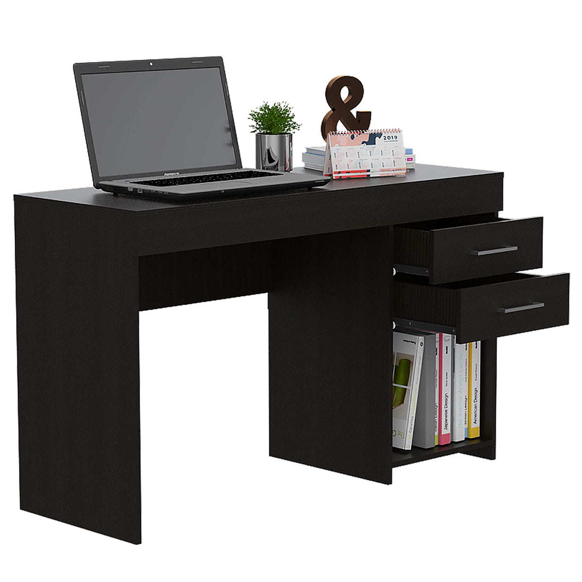 Austin Computer Desk with 2 Drawers, 1 Open Shelf, and Metal Handles, Black