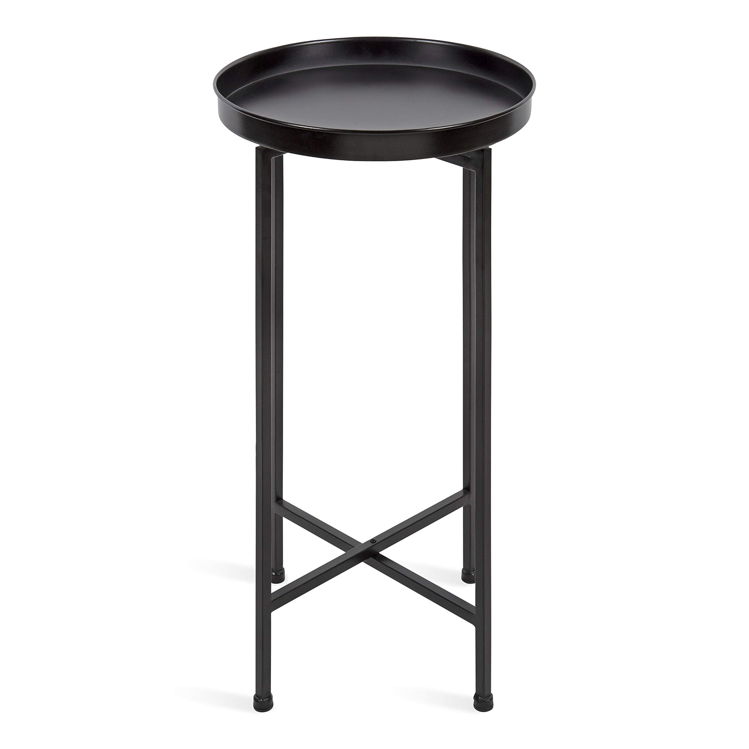 Kate And Laurel Celia Round Metal Foldable Accent Table With Tray Top, Black