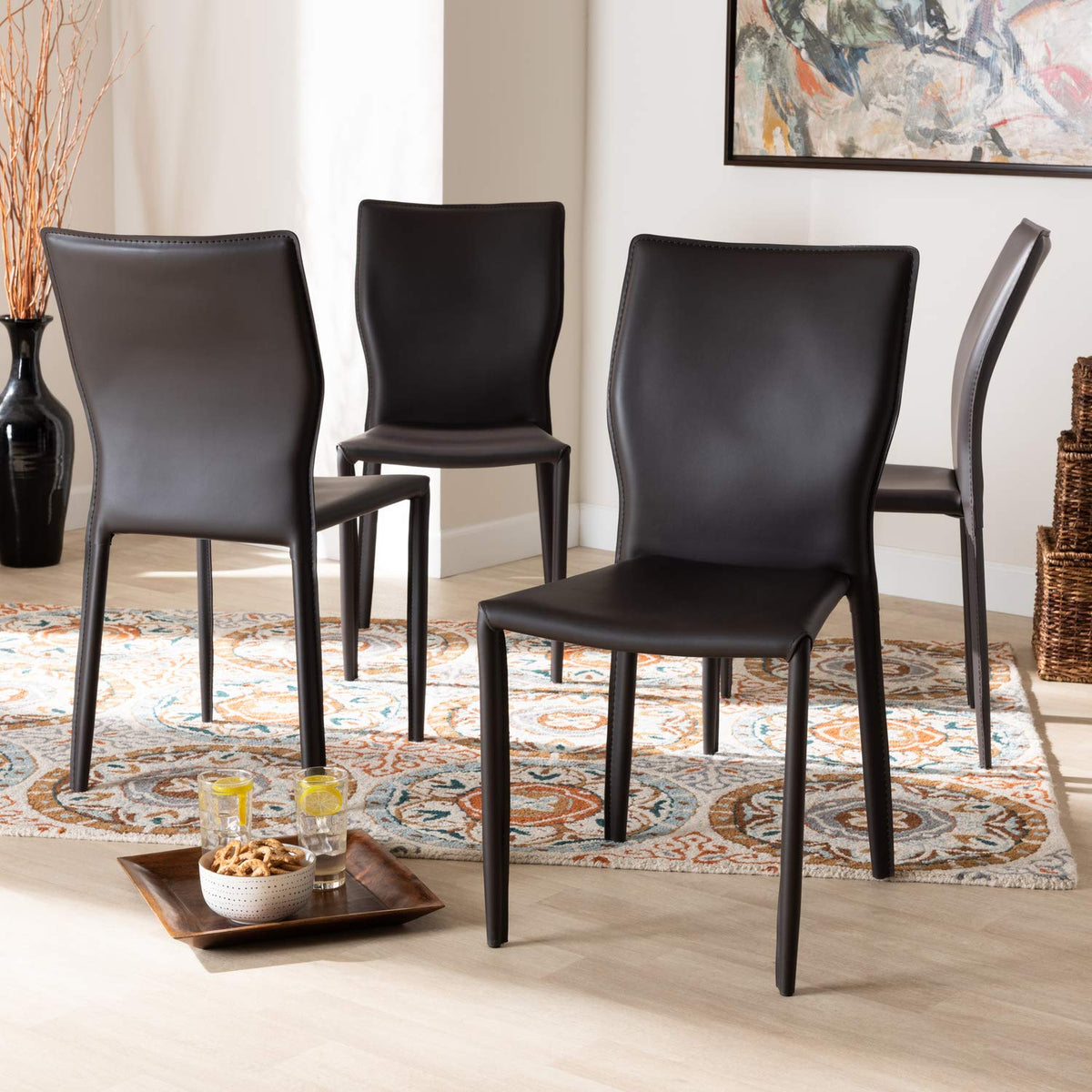 Baxton Studio Heidi Modern And Contemporary Dark Brown Faux Leather Upholstered 4Piece Dining Chair Set