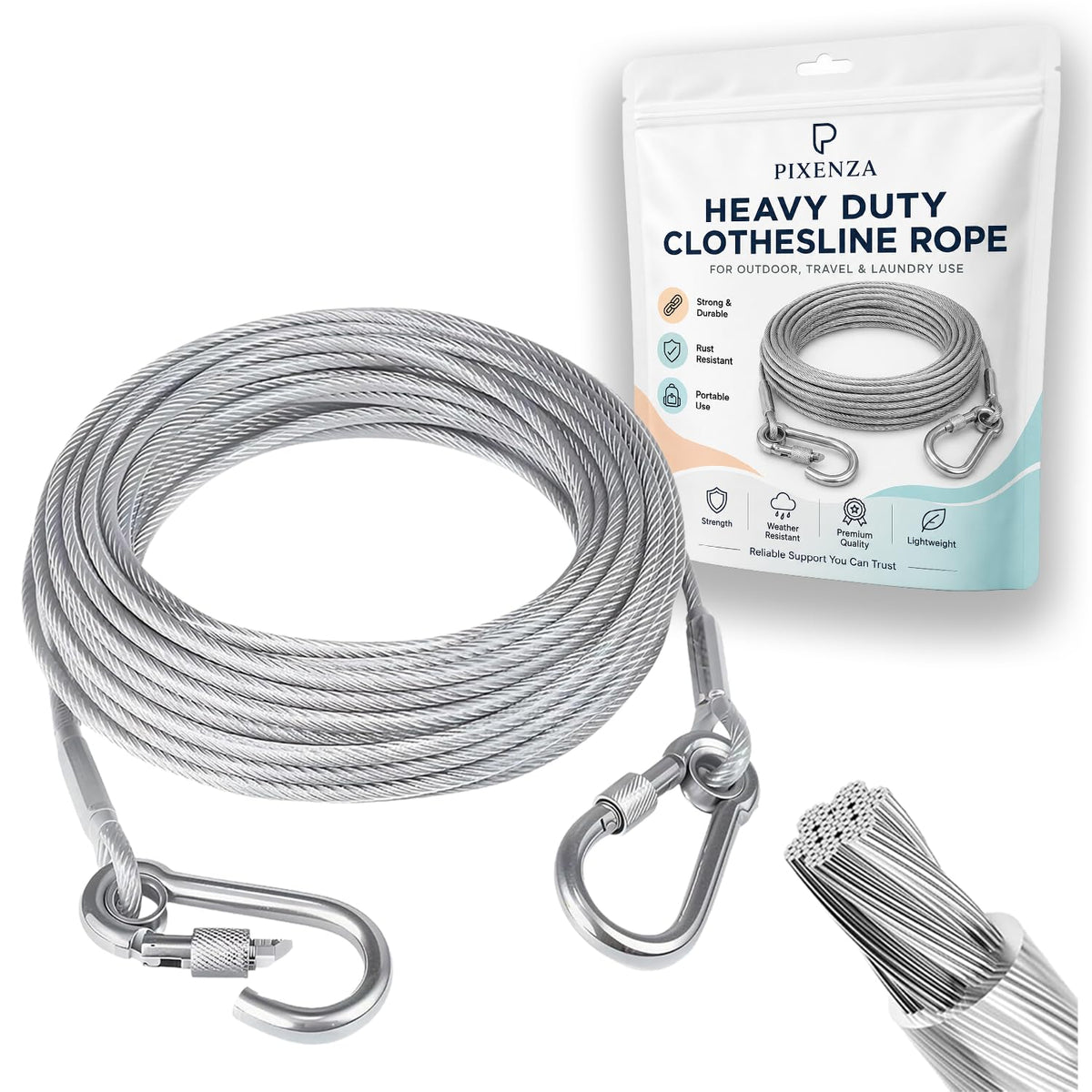 Heavy Duty Clothes Drying Rope With Metal Hooks, Strong & Flexible Clothesline For Balcony, Bathroom, Outdoor Camping, Portable