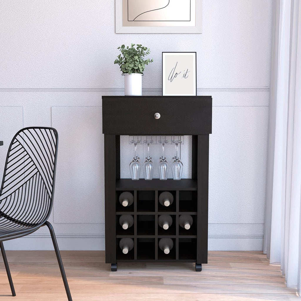 Margh Bar Cart, 12 Wine Cubbies, Drawer, Glass Rack, Caster Wheels, Black