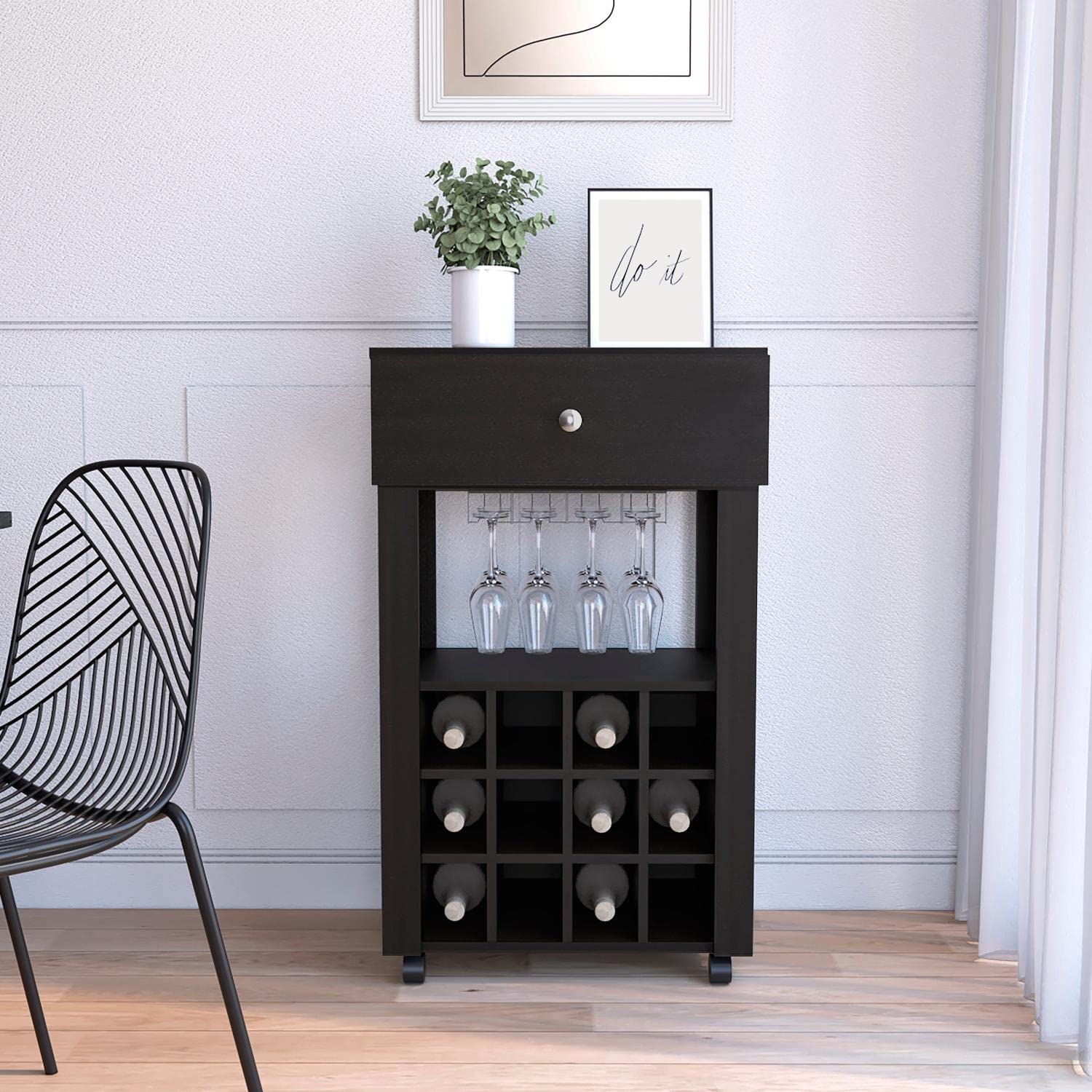 Margh Bar Cart, 12 Wine Cubbies, Drawer, Glass Rack, Caster Wheels, Black