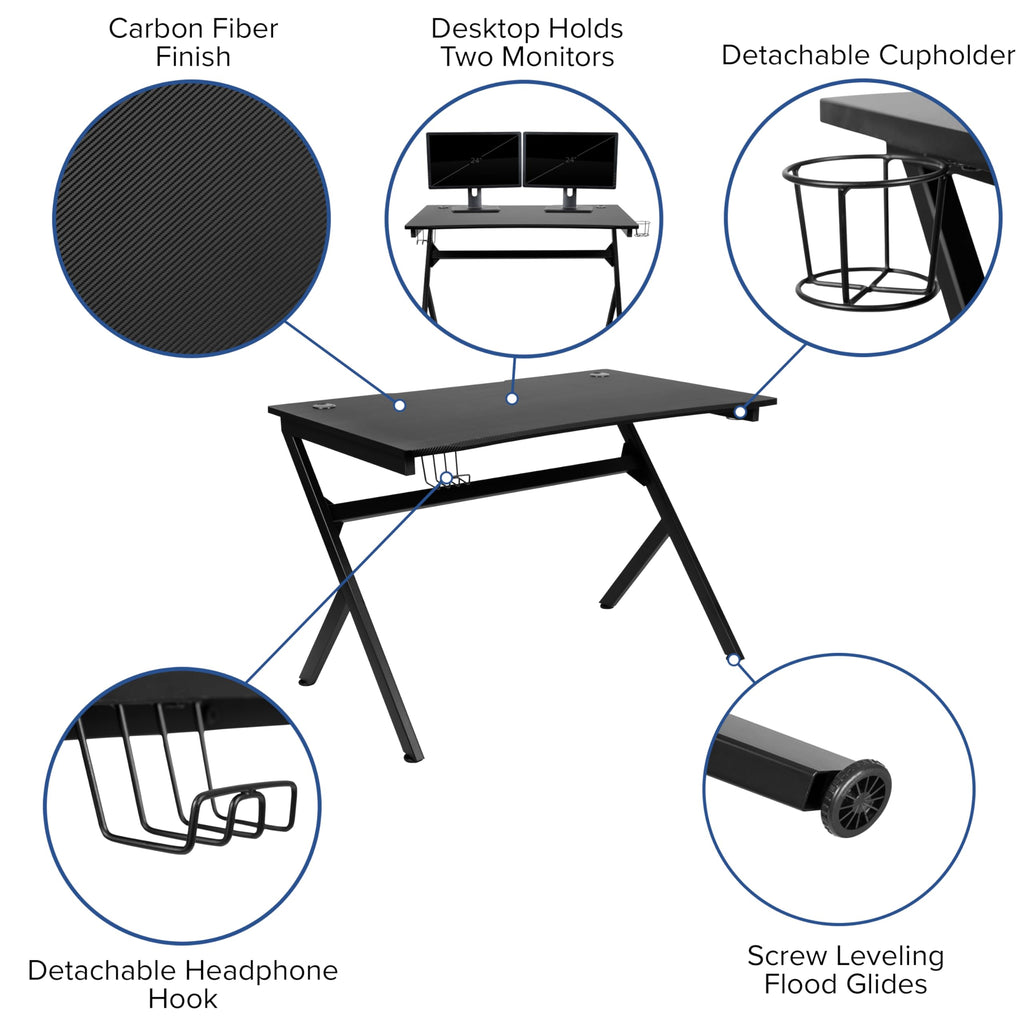 Flash Furniture Optis Black Gaming Desk And Blue Footrest Reclining Gaming Chair Set With Cup Holder, Headphone Hook & 2 Wire Management Holes