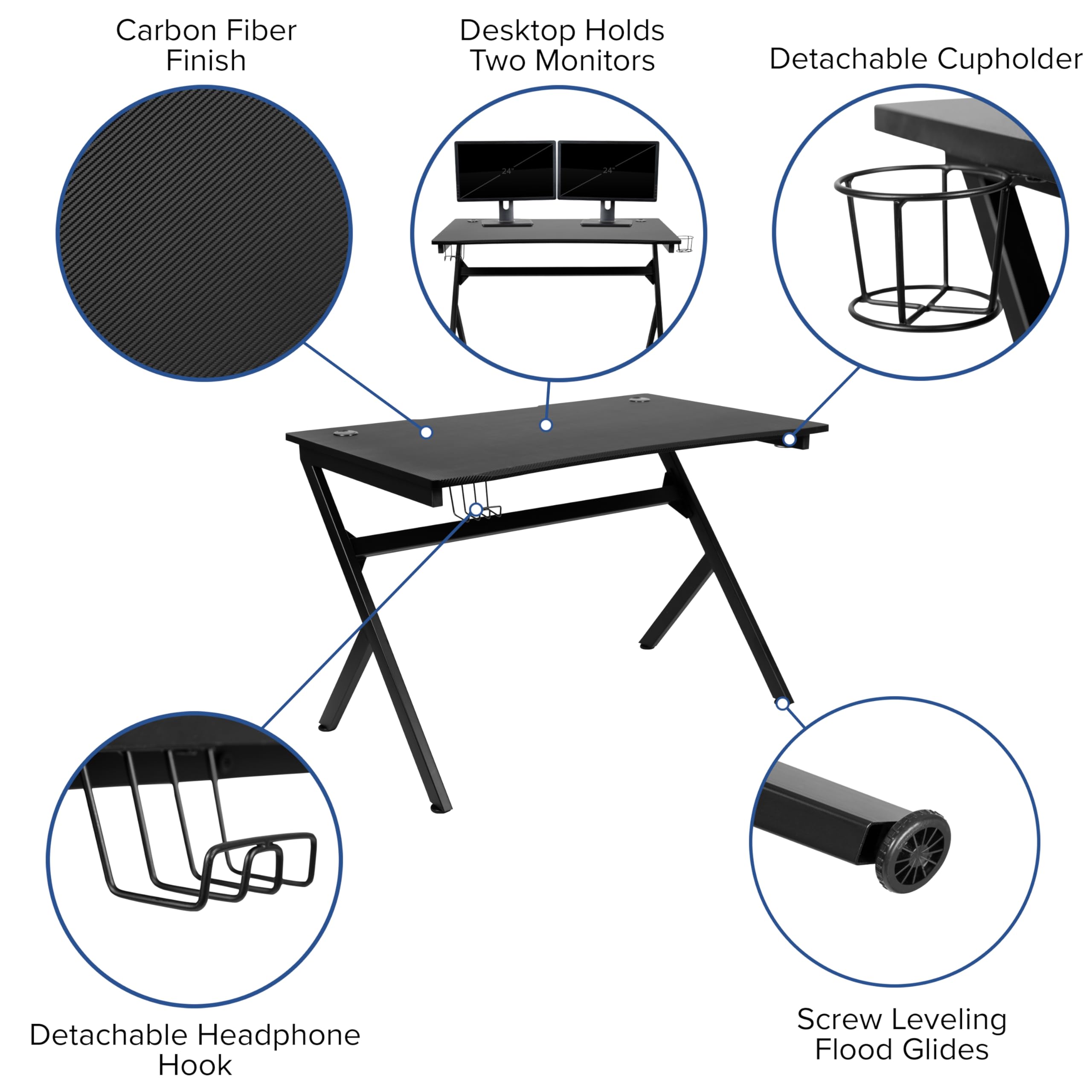 Flash Furniture Optis Black Gaming Desk And Blue Footrest Reclining Gaming Chair Set With Cup Holder, Headphone Hook & 2 Wire Management Holes