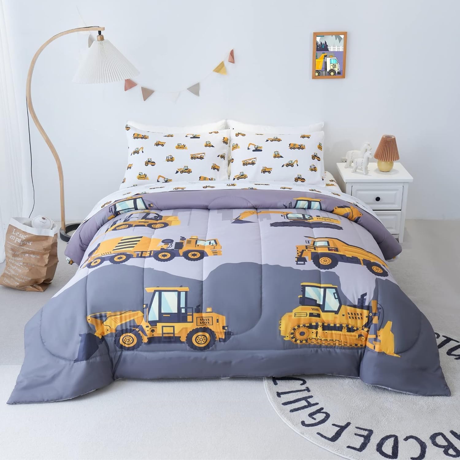 Cokouchyi Full Size Comforter Set For Boys, 4-Piece Bed In A Bag, 3D Construction Bedding Comforter Sheet Set, Ultra Soft And Fl