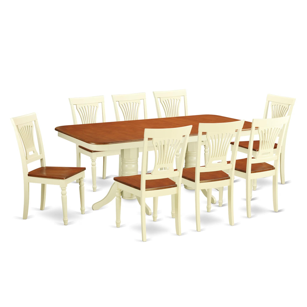 East West Furniture NAPL9-WHI-W 9 Piece Dining Table Set Includes a Rectangle Dining Room Table with Butterfly Leaf and 8 Wooden Seat Chairs, 40x78 Inch, Buttermilk & Cherry