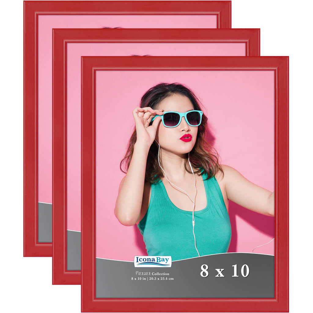 Icona Bay 8x10 Picture Frames (Red, 3 Pack), Colored Solid Wood Scandinavian Style Frames for Photo, Pizzazz Collection