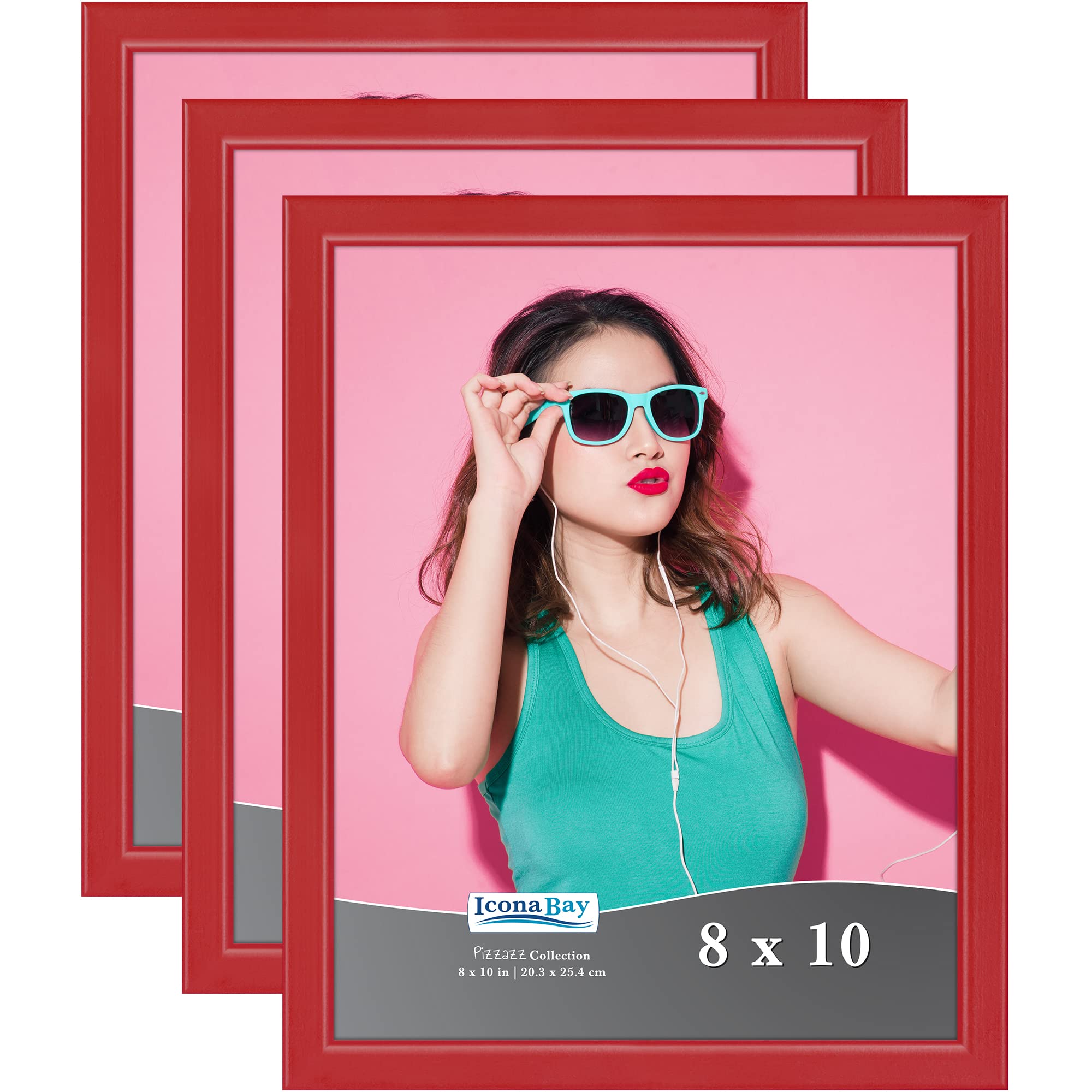 Icona Bay 8x10 Picture Frames (Red, 3 Pack), Colored Solid Wood Scandinavian Style Frames for Photo, Pizzazz Collection