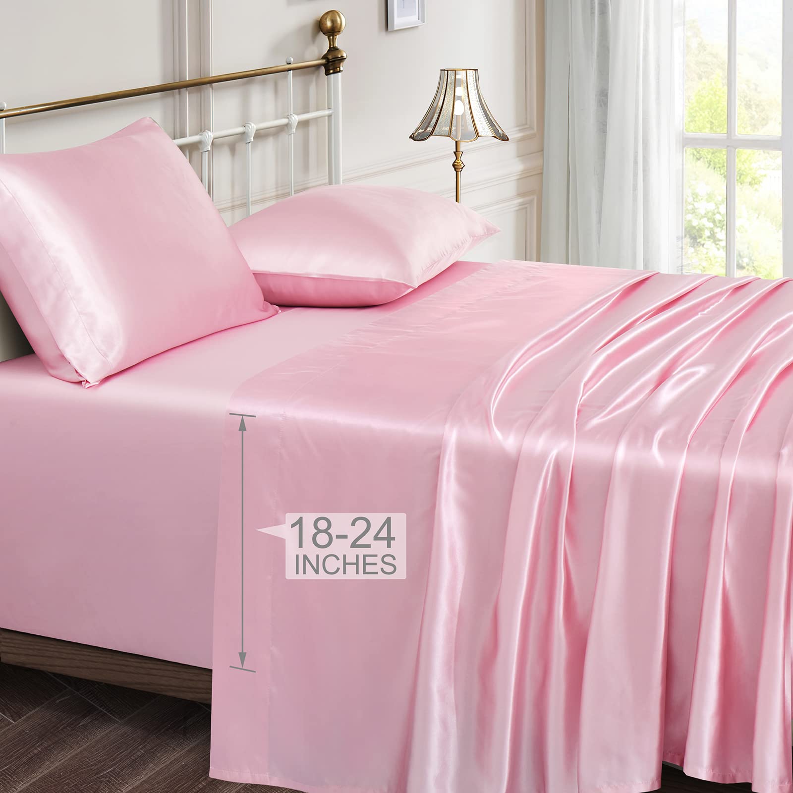 Vonty Satin Sheets Extra Deep Pocket King Size Sheets - Cooling & Silky Satin King Sheets Set with 18-24 Inch Deep Pocket, Pink 
