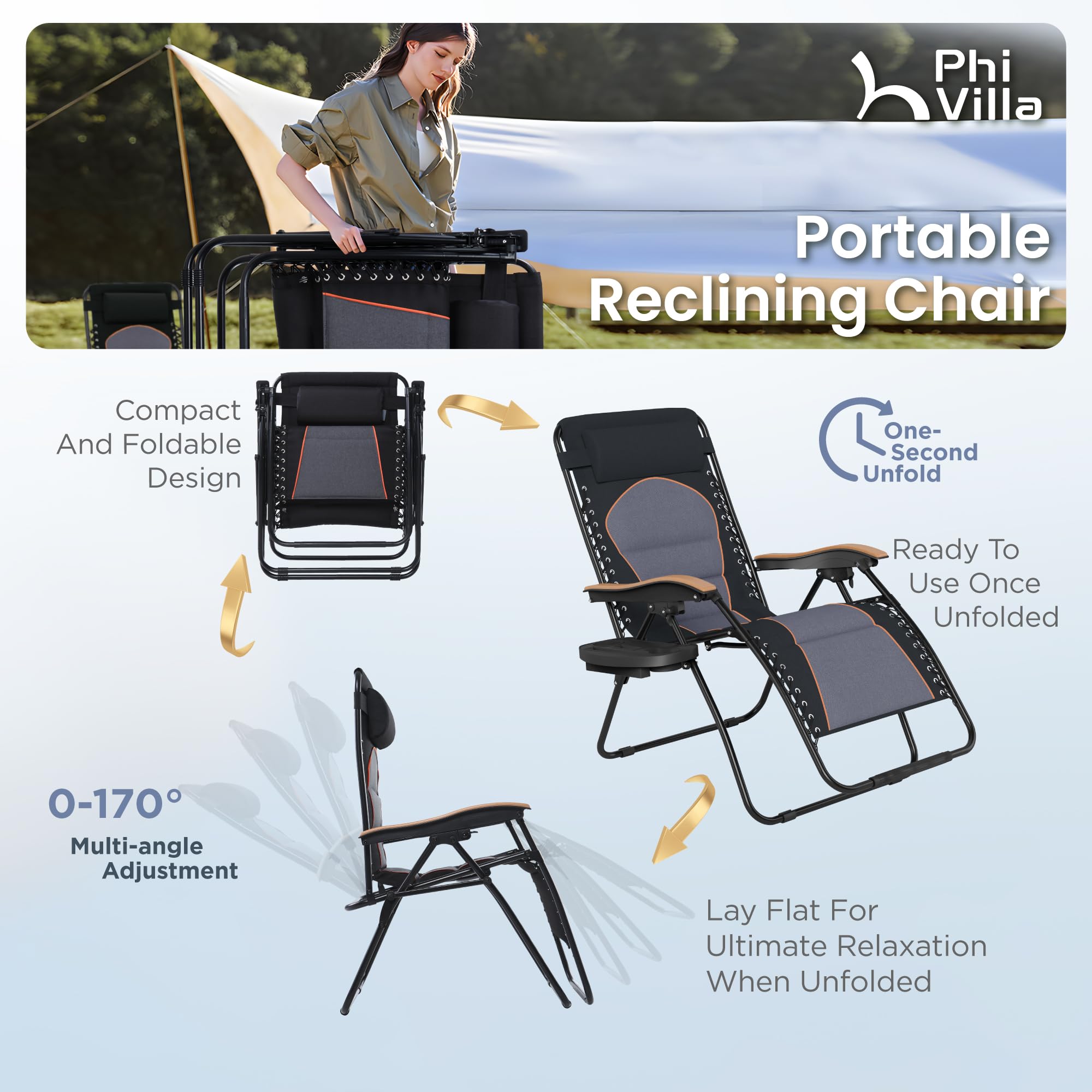 Phi Villa Xxl Oversized Padded Zero Gravity Chair, Foldable Patio Recliner, 30' Wide Seat Anti Gravity Lounger With Cup Holder, Set Of 2, Support 400 Lbs (Black)