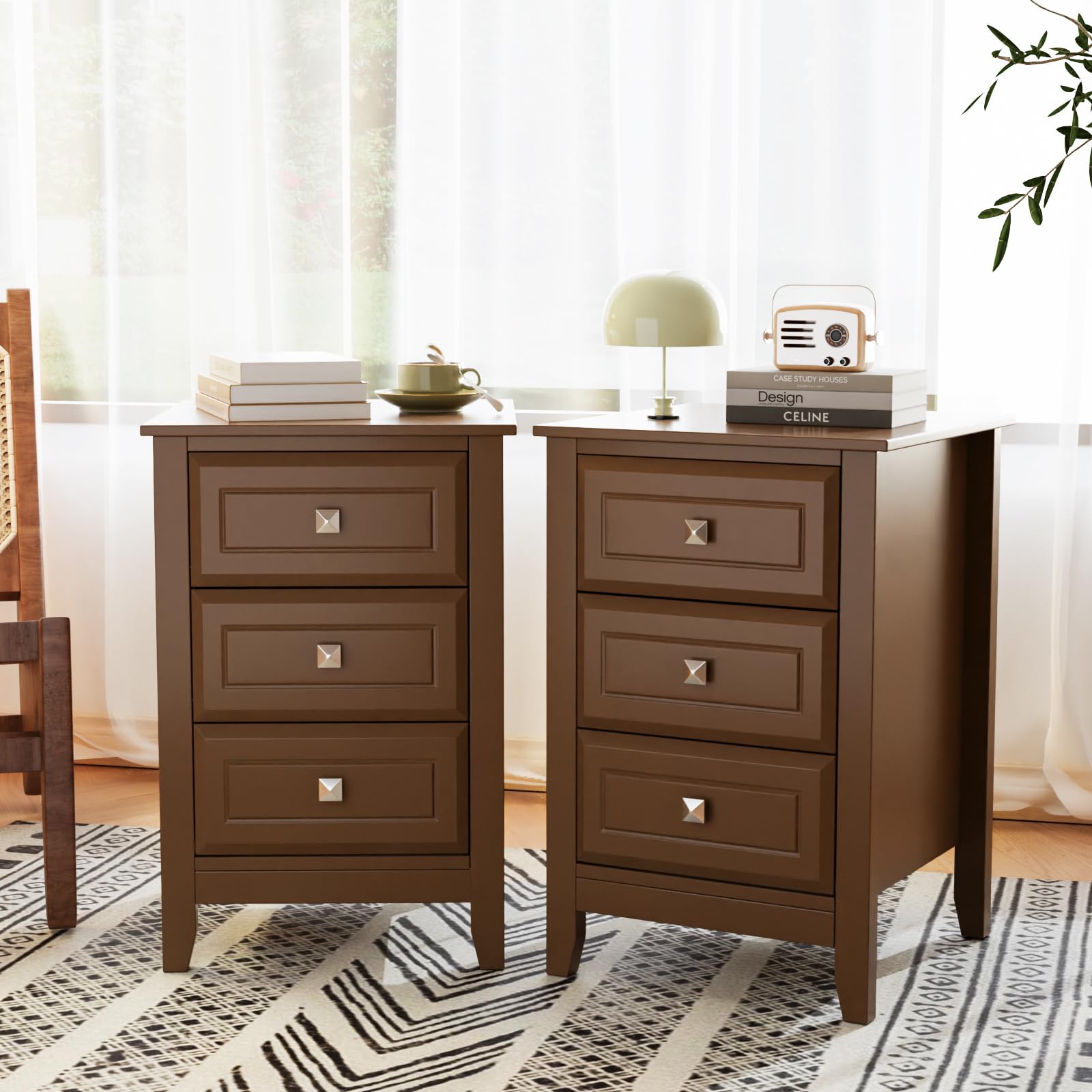 Bonnlo Nightstands Set of 2, 3 Drawer Night Stand for Bedroom with Metal Knobs, Wooden Bedside Table, Brown Nightstand/End Table