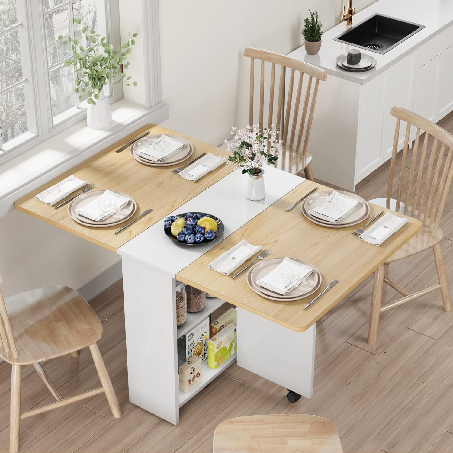 IDEALHOUSE Folding Dining Table, Drop Leaf Dining Table with 6 Wheels and 2-Layer Storage Shelf, Space Saving Dining Table for S