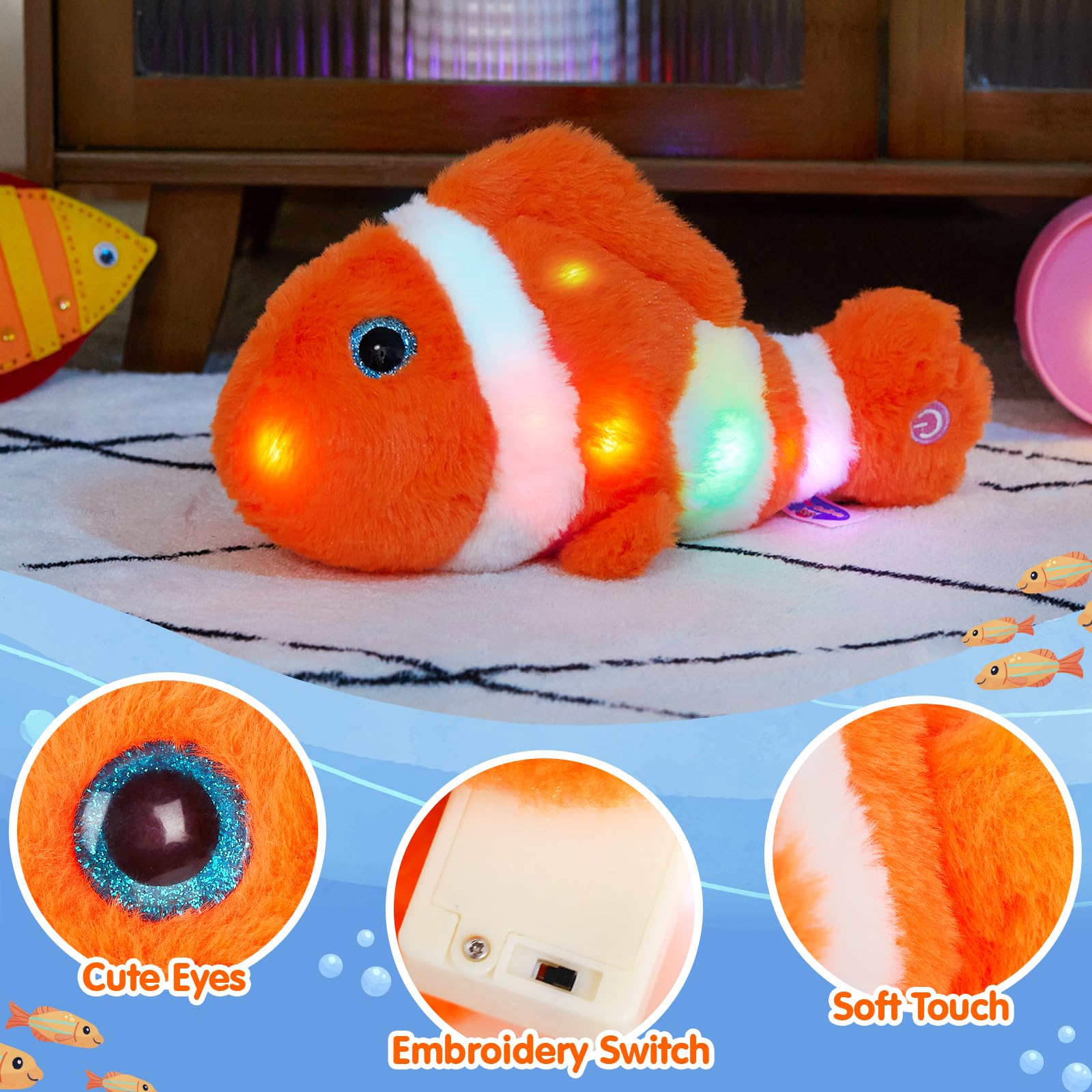 Glow Guards 12" Glowing Goldfish Plush - Soft Cotton Light Up Stuffed Animal Pillow for Kids, Birthday Gift, Fish Color