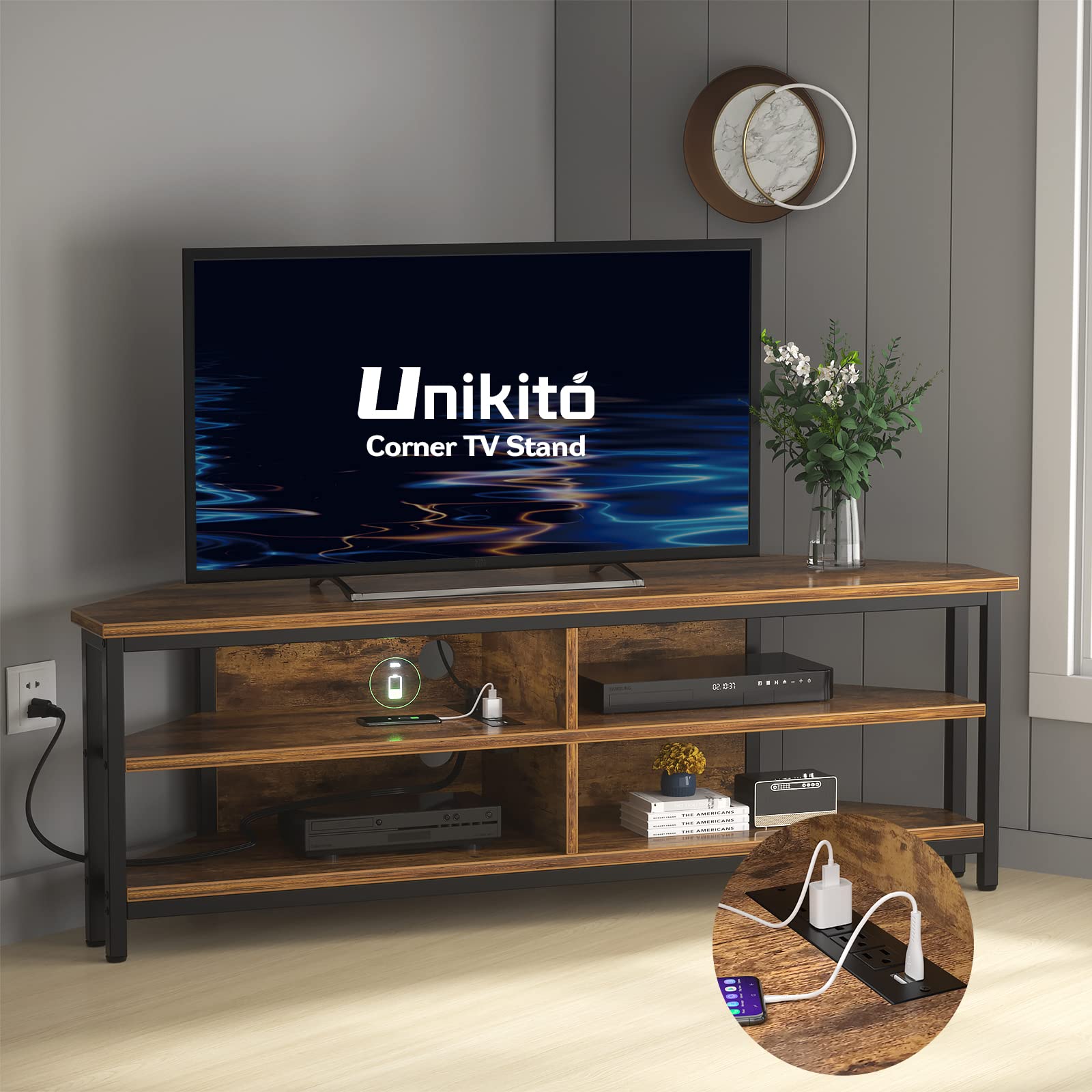Unikito 55 Corner TV Stand with Power Outlet, Corner Entertainment Center TV Console Table with 4 Open Storage Shelves, Metal 