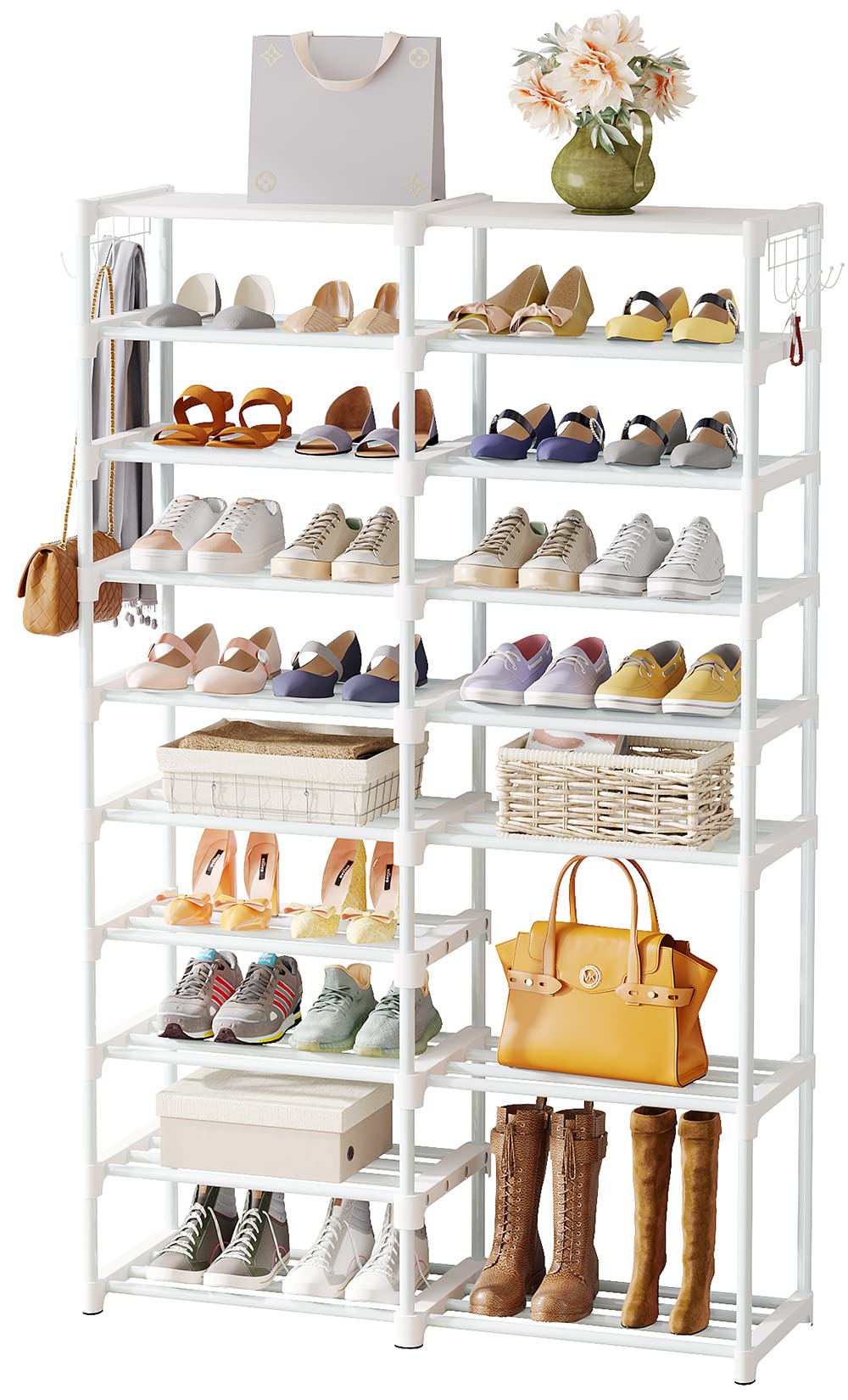 Tribesigns Shoe Rack, 10 Tiers Shoe Stand  Stores 3644 Pairs, Closet Organizer With Boot Rack And 2 Hooks