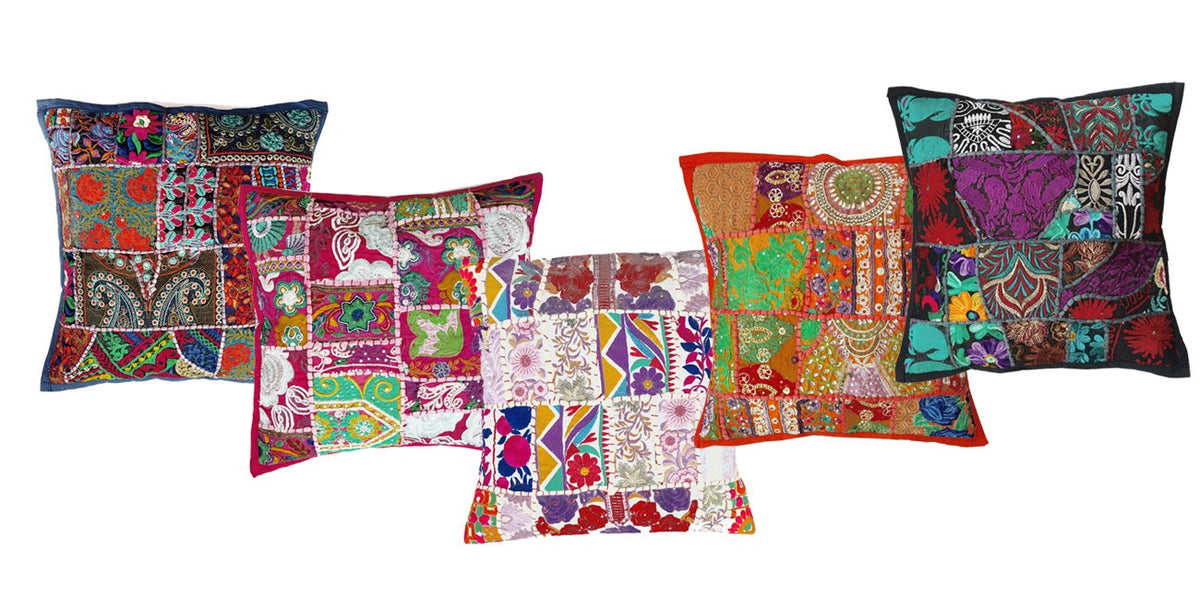 Rastogi Handicrafts Embroidered Sari Patchwork Cushion Cover Handmade Patchwork Cushion Pillow, Sari Patch Throw Pillow Indian E