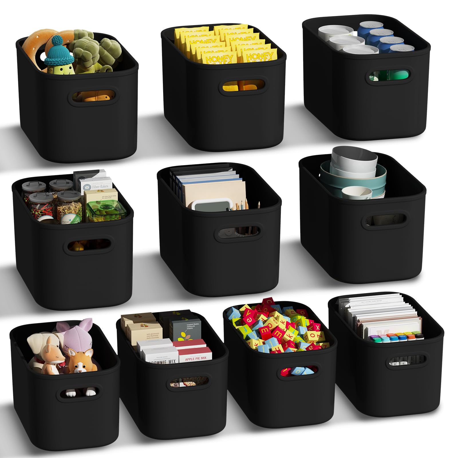ORGIDOL 10 Pack Black Plastic Storage Bins, Storage Container for Organizing, Storage Boxes with Handle for Shelves, Cute Organi