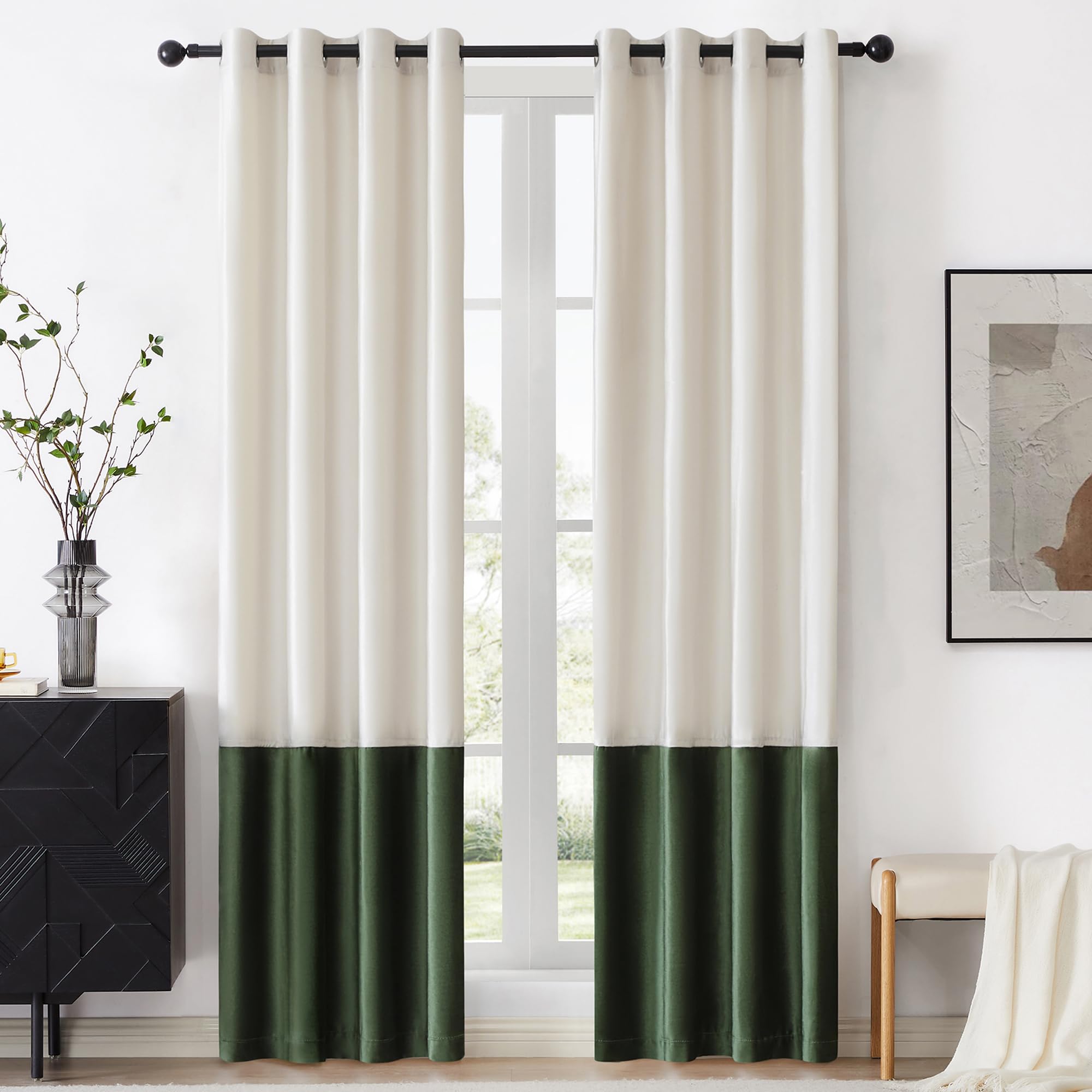 Bulbul Color Block Window Curtains Panels 90 Inches Long Cream Ivory Green Velvet Farmhouse Drapes For Bedroom Living Room Darke