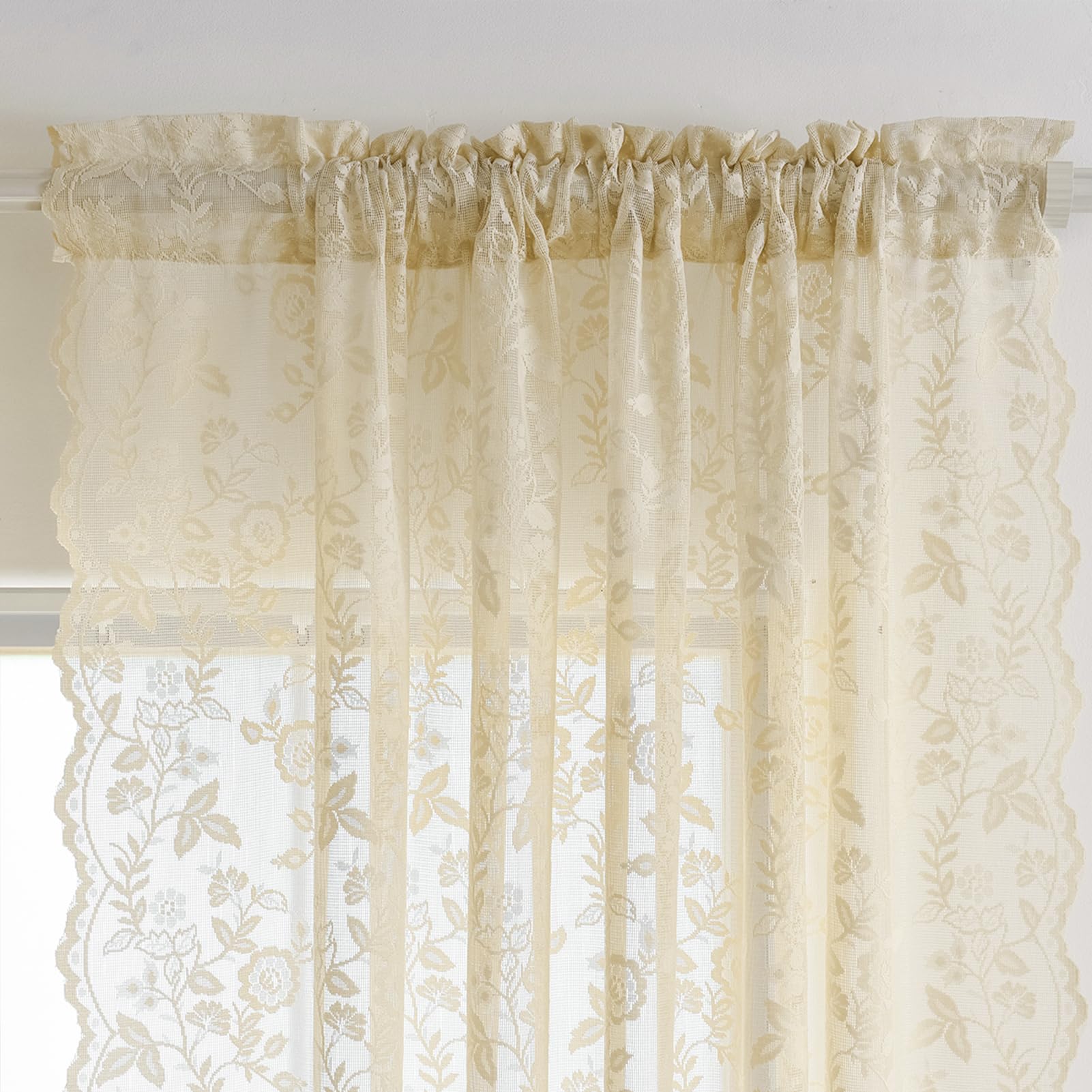 Beige Lace Curtains 63 Inch Length 2 Panels Set Rustic Leaf Floral Patterned Farmhouse Vintage Lace Sheer Curtains For Bedroom D