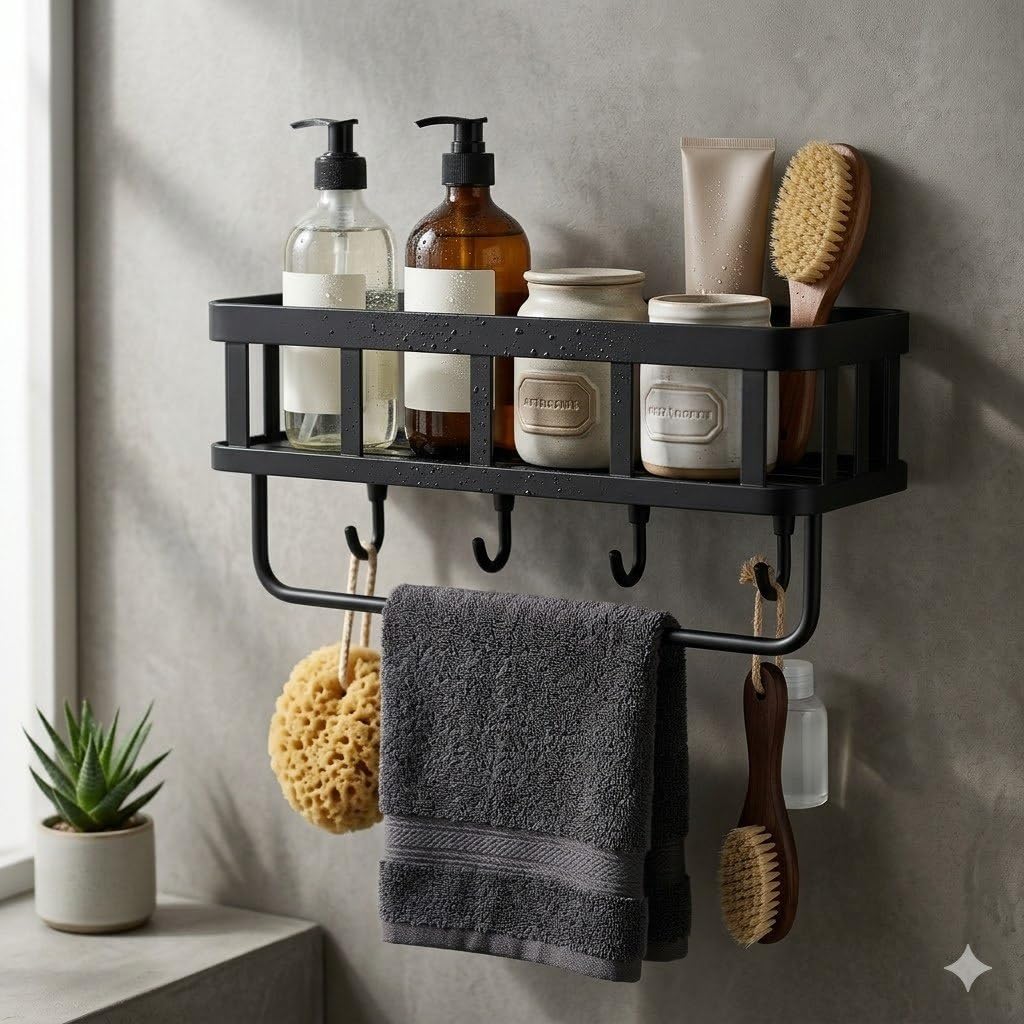 Nvrm Wall Mount Bathroom Shelf Organiser, Matte Black, With Towel Bar & Hooks For Shampoo, Soap And Toiletries
