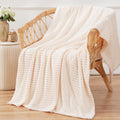 Puncuntex Flannel Fleece Throw Blanket Cream White 50''  60'',Super Soft Plush Cozy Blanket With 3D Jacquard Square Grid Design