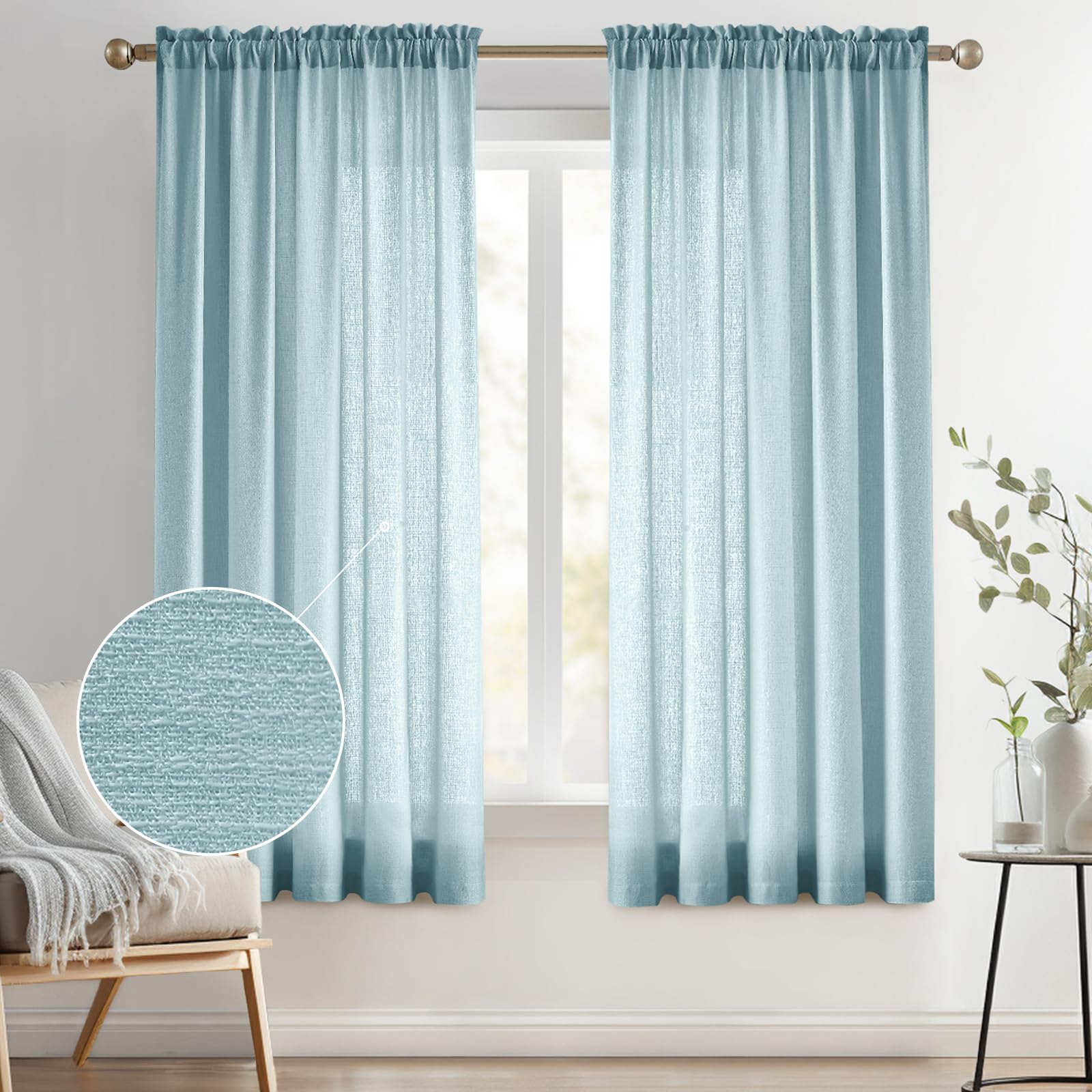Melodieux Blue Semi Sheer Curtains 72 Inches Long For Bedroom, Living Room Linen Look Privacy Window Rod Pocket Sheer Drapes, 52