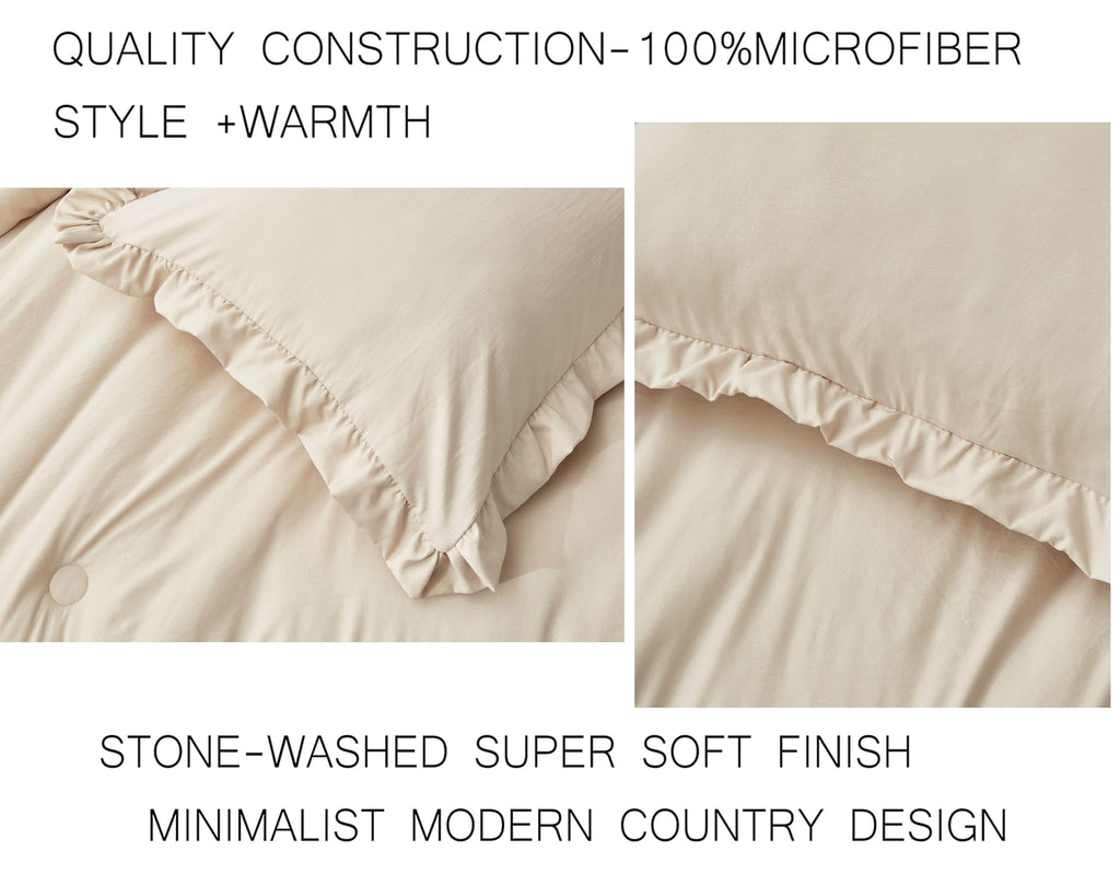 Chezmoi Collection Nora Light Sand Comforter Set Twin Size 2-Piece Lightweight Soft Fluffy Ruffled Edge Trim Stone-Washed Microf