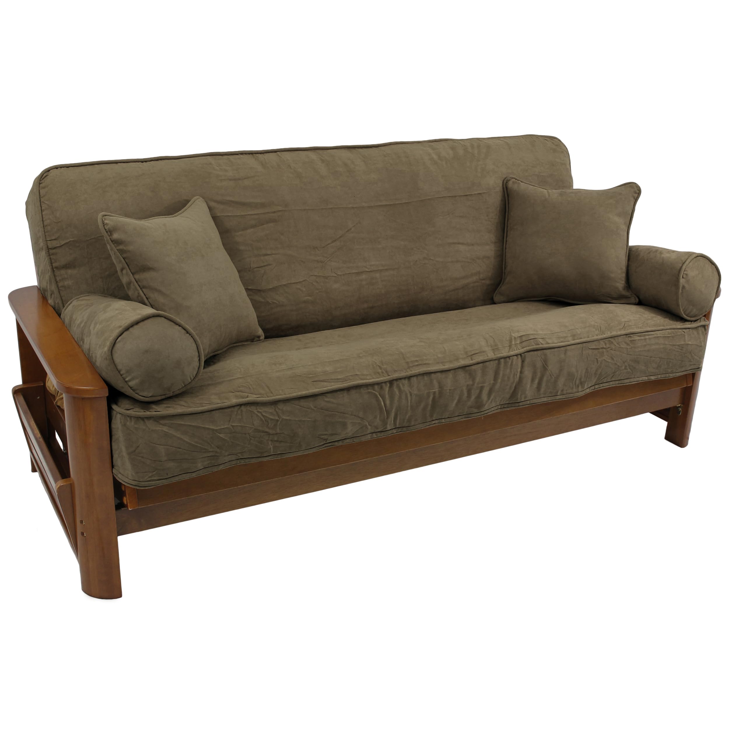 Blazing Needles Solid Microsuede Double Corded 8" to 9" Futon Cover Set with 4 Throw Pillows (Set of 5), Full, Java