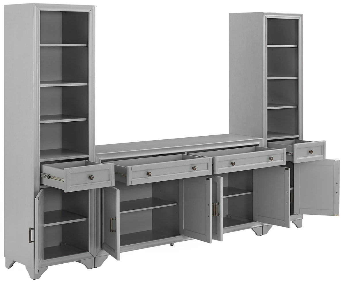 Crosley Furniture Tara 3-Piece Modern Farmhouse Sideboard Buffet Cabinet and Bookcase Set with Storage, Distressed Gray