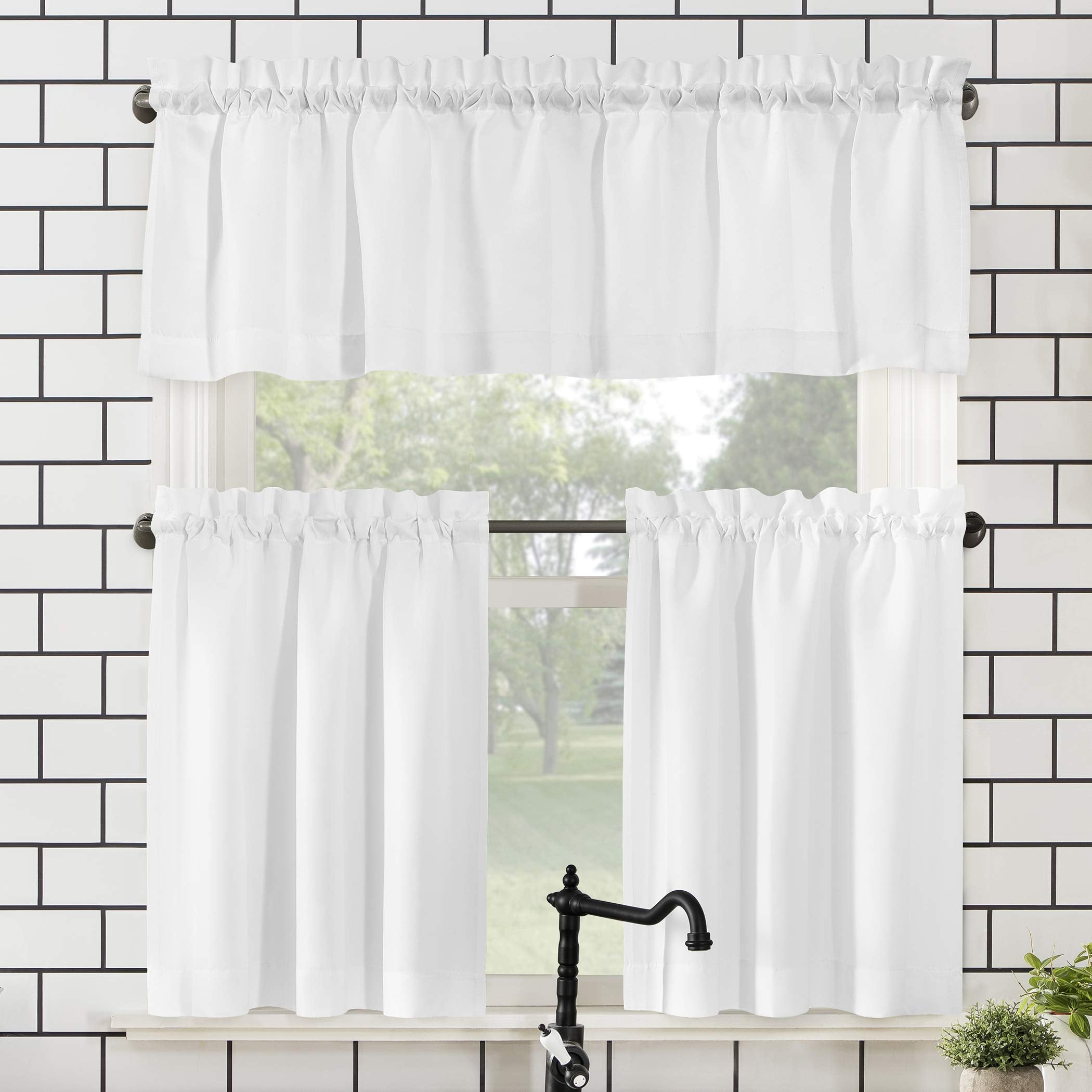 No. 918 Martine Microfiber Semi-Sheer Rod Pocket Kitchen Curtain Valance and Tiers Set, 54 x 45, White