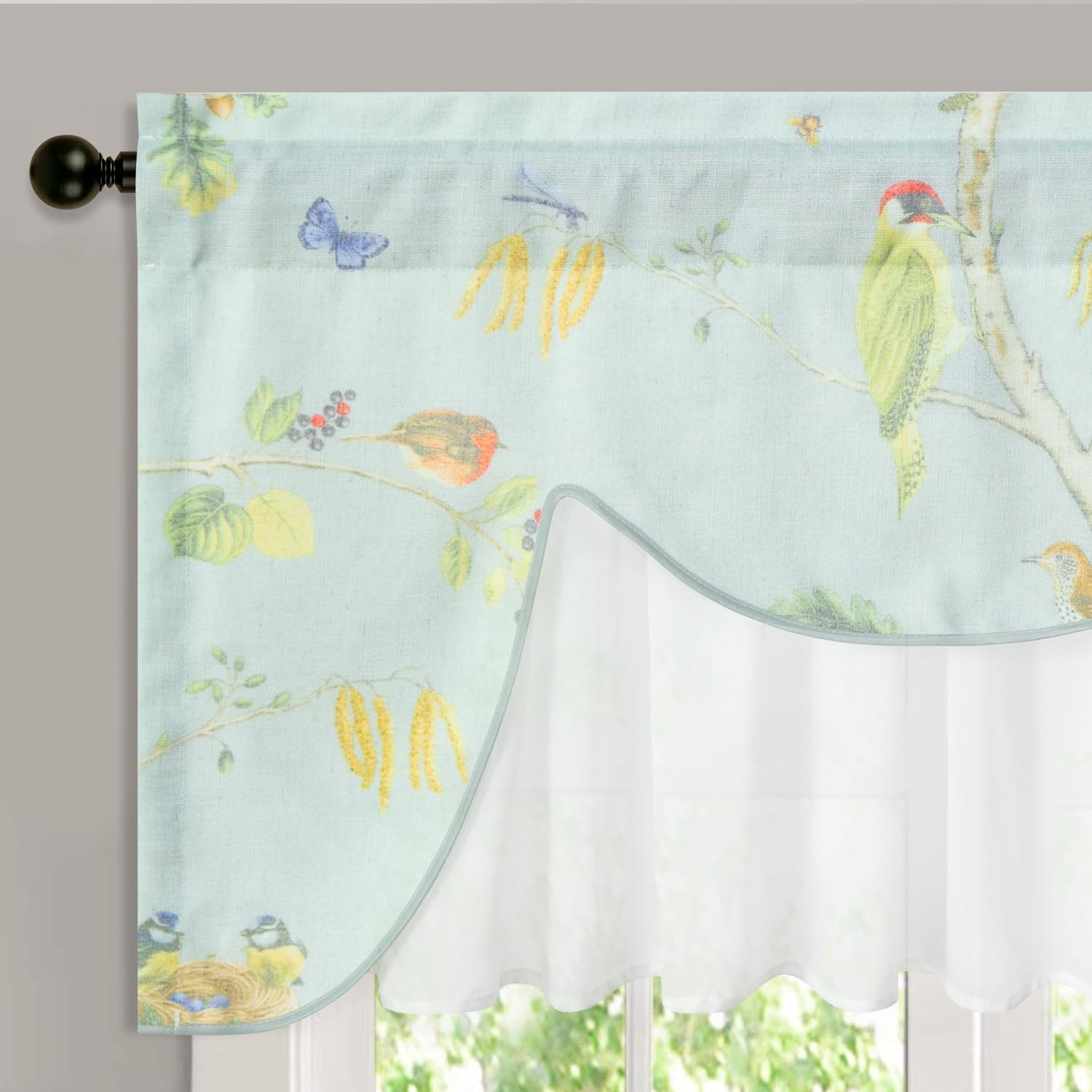 Leeva Linen Textured Kitchen Valances For Window, Farmhouse Blue Bird Double Layered Valance With Sheer, Light Filtering Small D