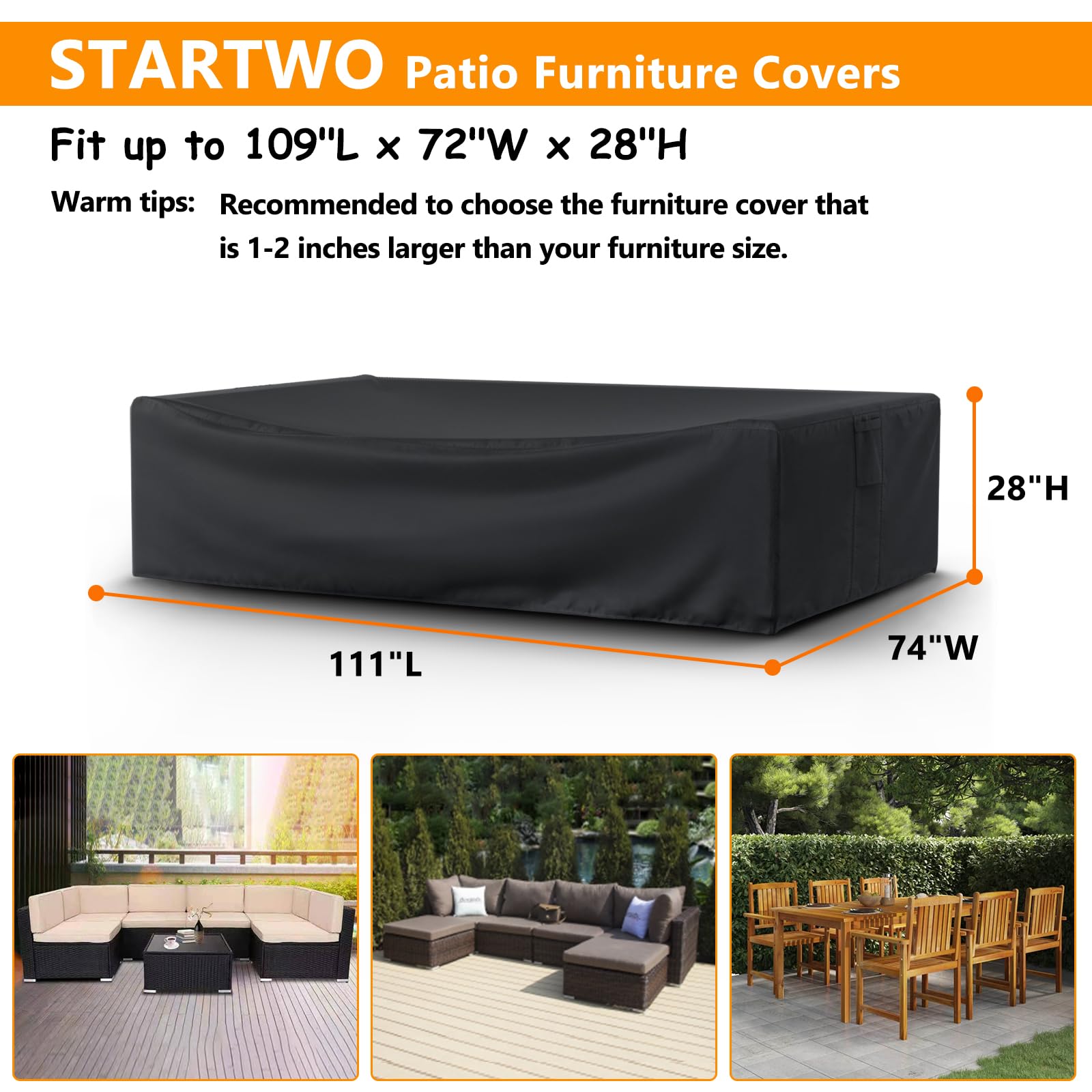 Startwo Patio Furniture Covers Waterprpoof, Tear Resistant Rectangular Outdoor Furniture Set Cover For Table And Chairs, Outdoor Sectional Sofa Cover, 111'L X 74'W X 28'H