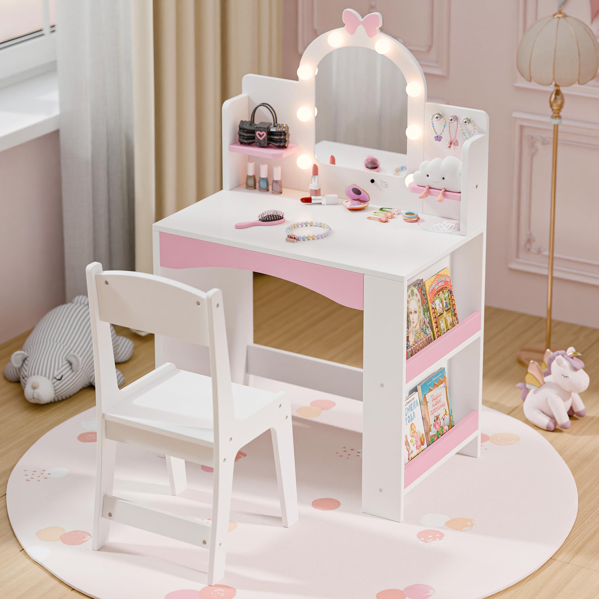 MU Kids Vanity with Lights, Princess Makeup Vanity Table and Chair Set for Girls, Toddler Vanity Desk with Open Bookshelf, Stora
