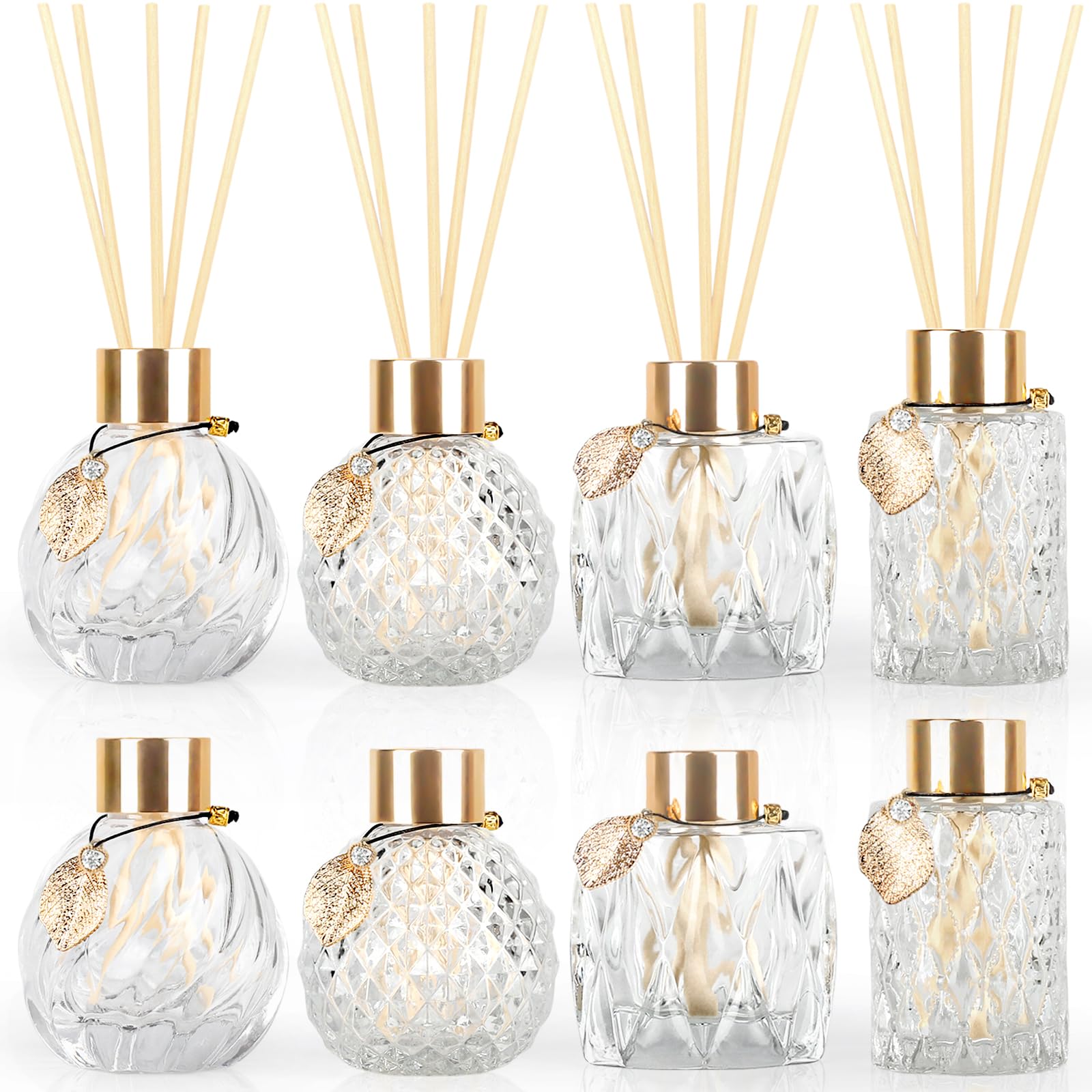 8Pcs Reed Diffuser Set with Metal Golden Decoration, 3.5oz-4.2oz Empty Reed Diffuser Bottles with 20Pcs Reed Diffuser Sticks, Un