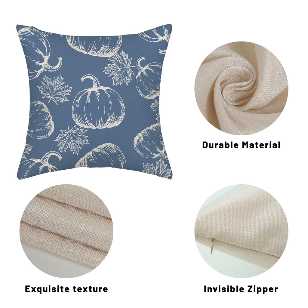 Fall Pillow Covers 18X18 Navy Blue Cream Pumpkin Decor Throw Pillows Case For Couch Maple Leaves Autumn Harvest Thanksgiving Far