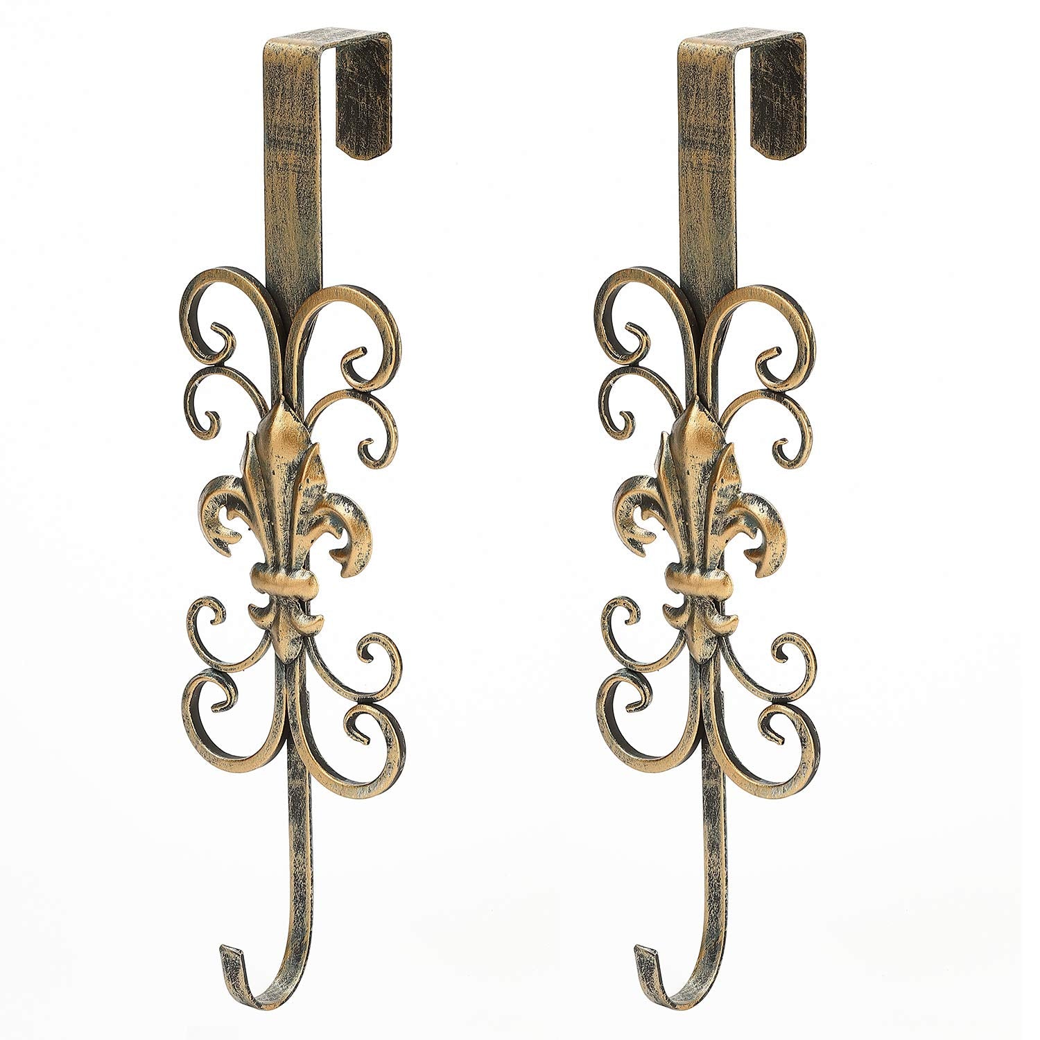 Jemeni 2 Pack 16 Wreath Hanger for Front Door, Metal Over The Door Wreath Hook, Fleur De Lis and Scroll Design, Antique Gold