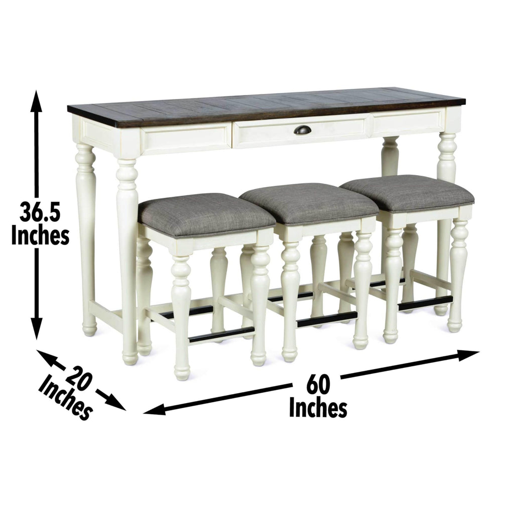 Steve Silver Furniture Joanna Sofa Bar 4PC Set, 36.5-Inch Table Height, Farmhouse Design, Living Room, Dining/Kitchen Table, Small Space, Three Counter Stools, 60" W x 20" D x 36" H, White