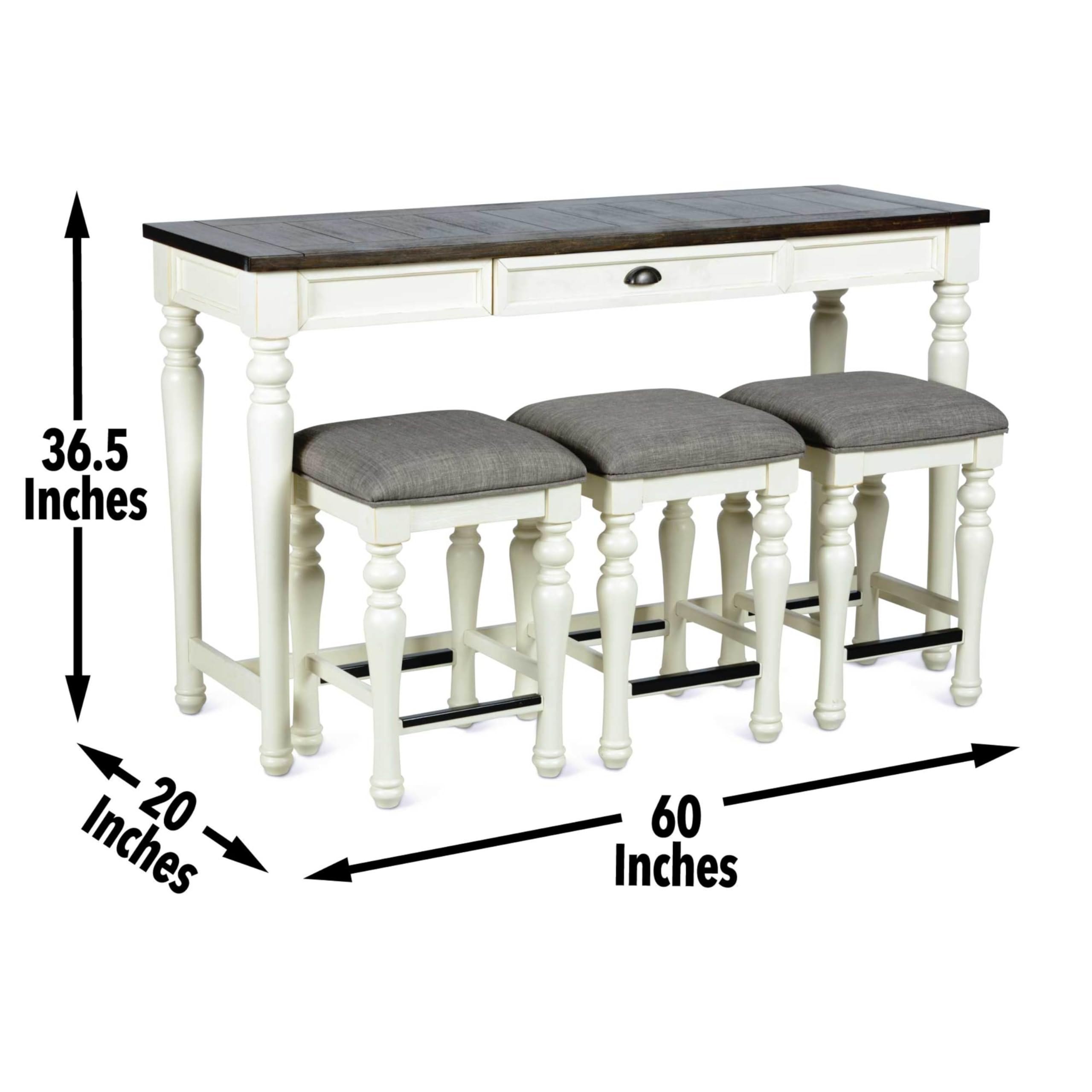 Steve Silver Furniture Joanna Sofa Bar 4PC Set, 36.5-Inch Table Height, Farmhouse Design, Living Room, Dining/Kitchen Table, Small Space, Three Counter Stools, 60" W x 20" D x 36" H, White