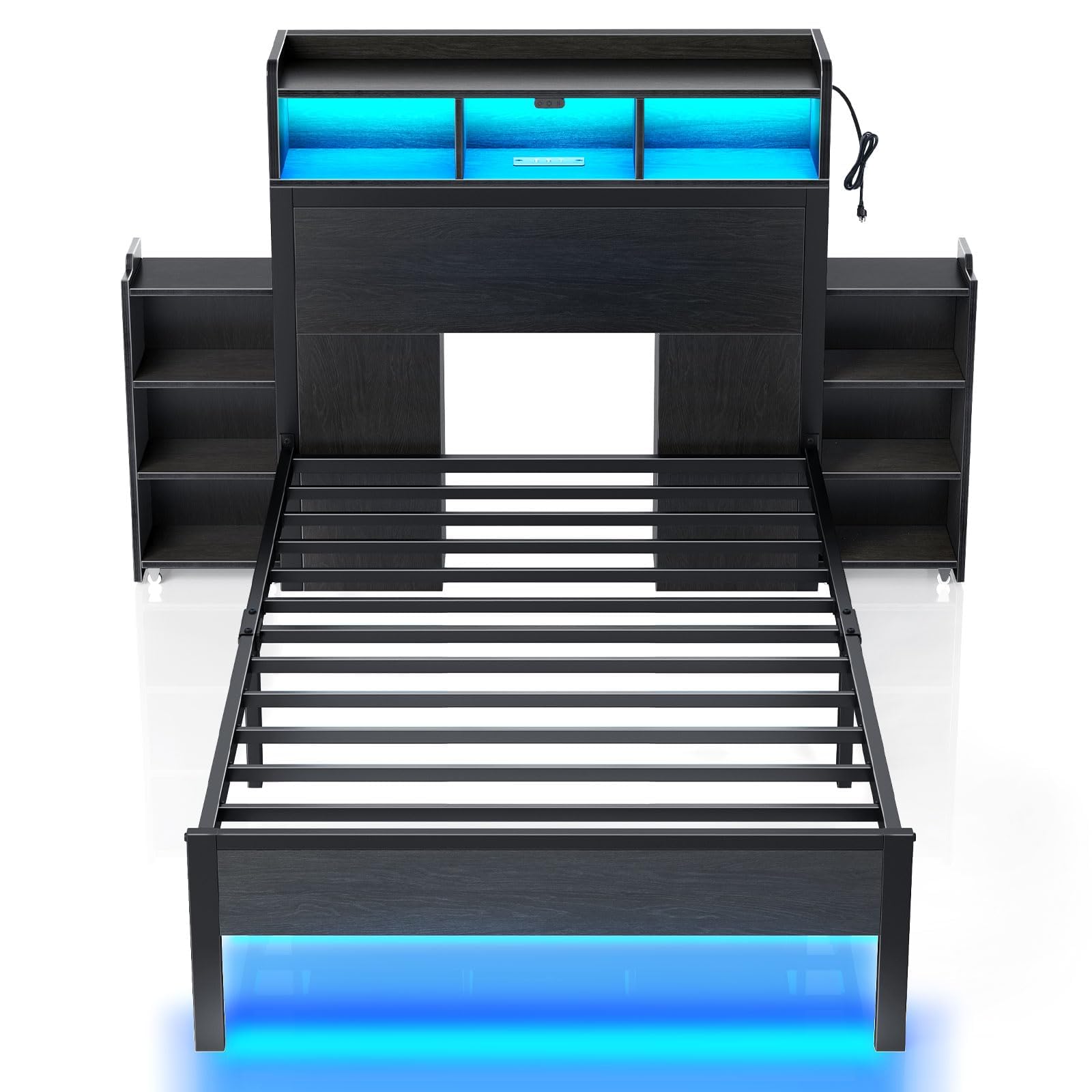 Rolanstar Bed Frame Twin Size with Bookcase Storage Headboard, Slide Out Bedside Storage, Bed with Charging Station & LED Lights