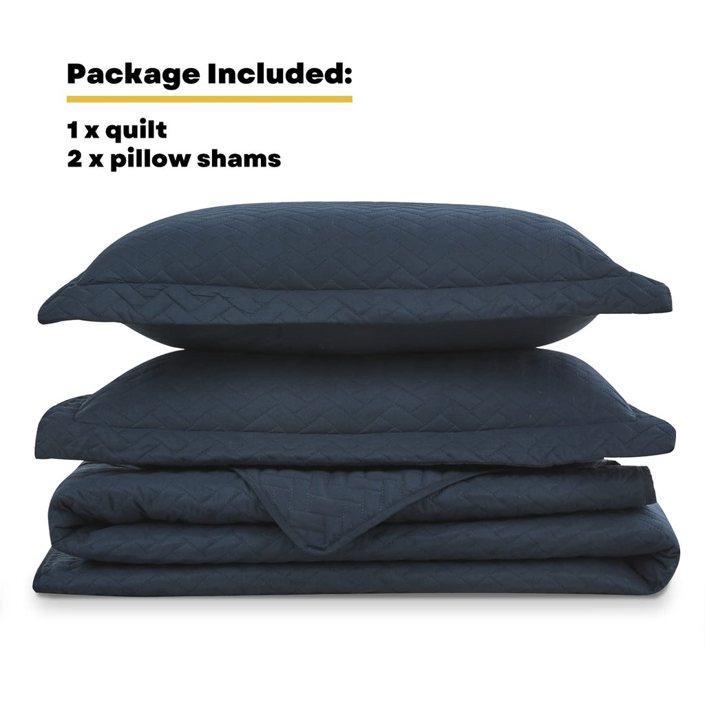 Maple&Stone Quilt Set King Size, Lightweight Navy Bedspread Ultrasonic Chevron Pattern Light Coverlet For All Season Comforter B